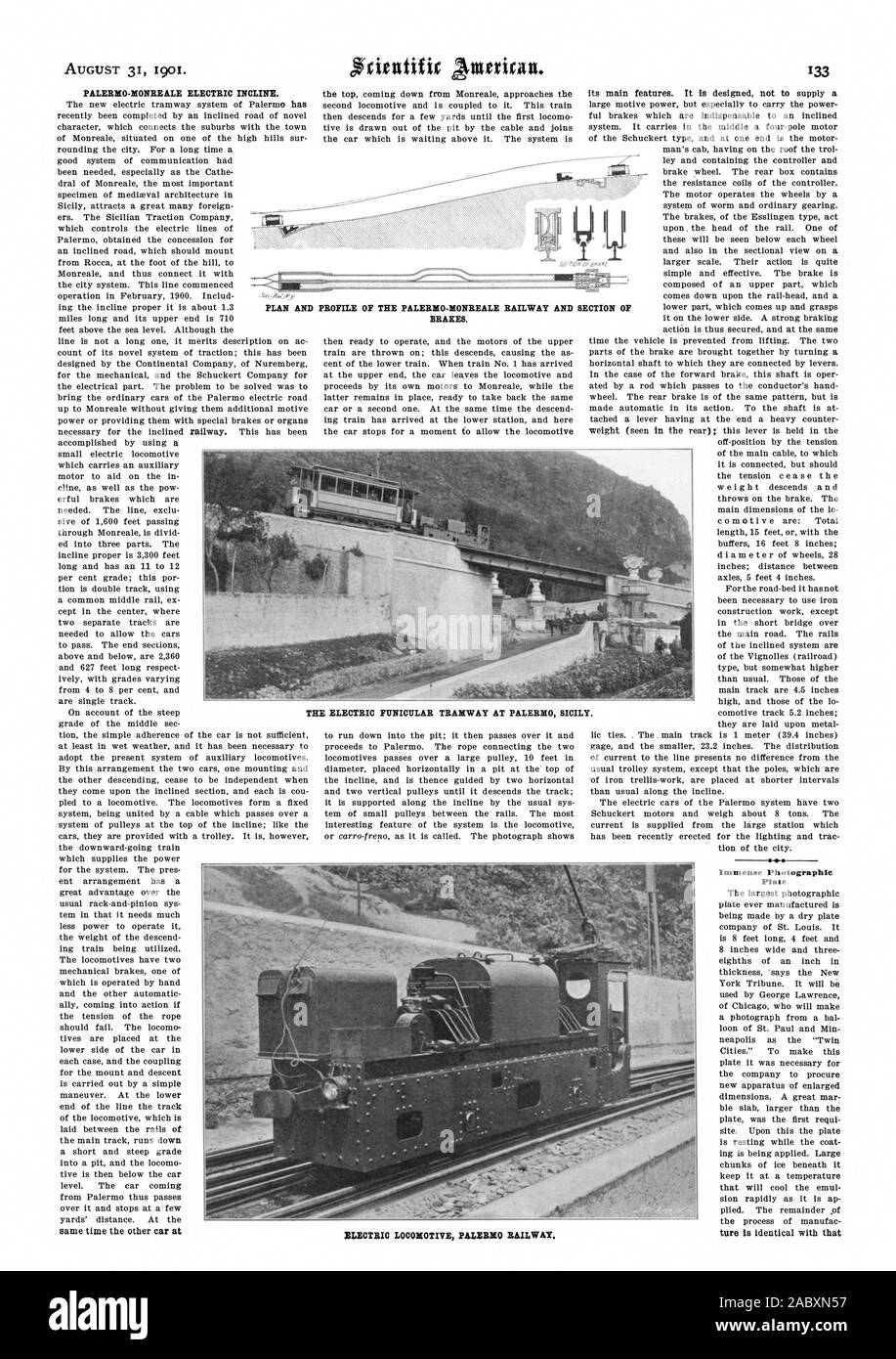 Le TRAMWAY FUNICULAIRE ÉLECTRIQUE AU SEMIRAMIS HOTEL SICILE PALERME-BIONREALE INCLINAISON ÉLECTRIQUE. Plaque photographique immense PLAN ET PROFIL DE LA GARE de Palerme et Monreale-SECTION DE FREINS. LOCOMOTIVE ÉLECTRIQUE PALERME. MAILWAY, Scientific American, 1901-08-31 Banque D'Images