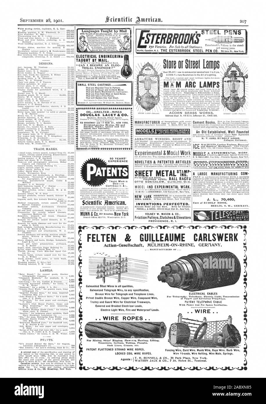 Le fil de Bronze Double brevet composé de fil de cuivre fil fil Trolley et Garde côtière pour tramway électrique couverts et câbles électriques tressés de fils électriques de lumière et de feu conduit étanche. Les câbles électriques de puissance et de tramway électrique. Câble téléphonique BREVET CÂBLES Lignes FIL Sash Grues etc. aplati BREVET STRAND CÂBLES MÉTALLIQUES. Carte fil de clôture de fil doit° câble métallique sur le fil. Barb Wire LES CÂBLES. Les brins du fil filet métallique tapis fil ressorts., Scientific American, 1901-09-28 Banque D'Images