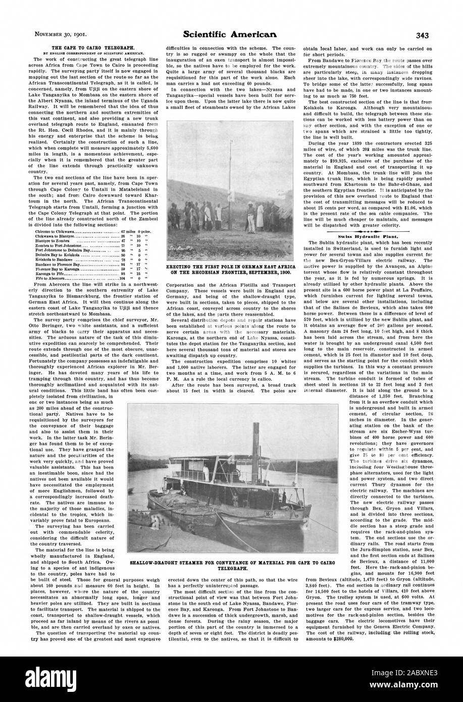 Le CAP AU CAIRE TELEGRAPH. L'érection du premier pôle EN AFRIQUE ORIENTALE ALLEMANDE SUR LA FRONTIÈRE RHODÉSIENNE, septembre 1900. L'usine hydraulique suisse. Bateau à vapeur à faible tirant d'ACHEMINEMENT DE MATÉRIEL POUR CAPE À CAIR TELEGRAPH., Scientific American, 1901-11-30 Banque D'Images