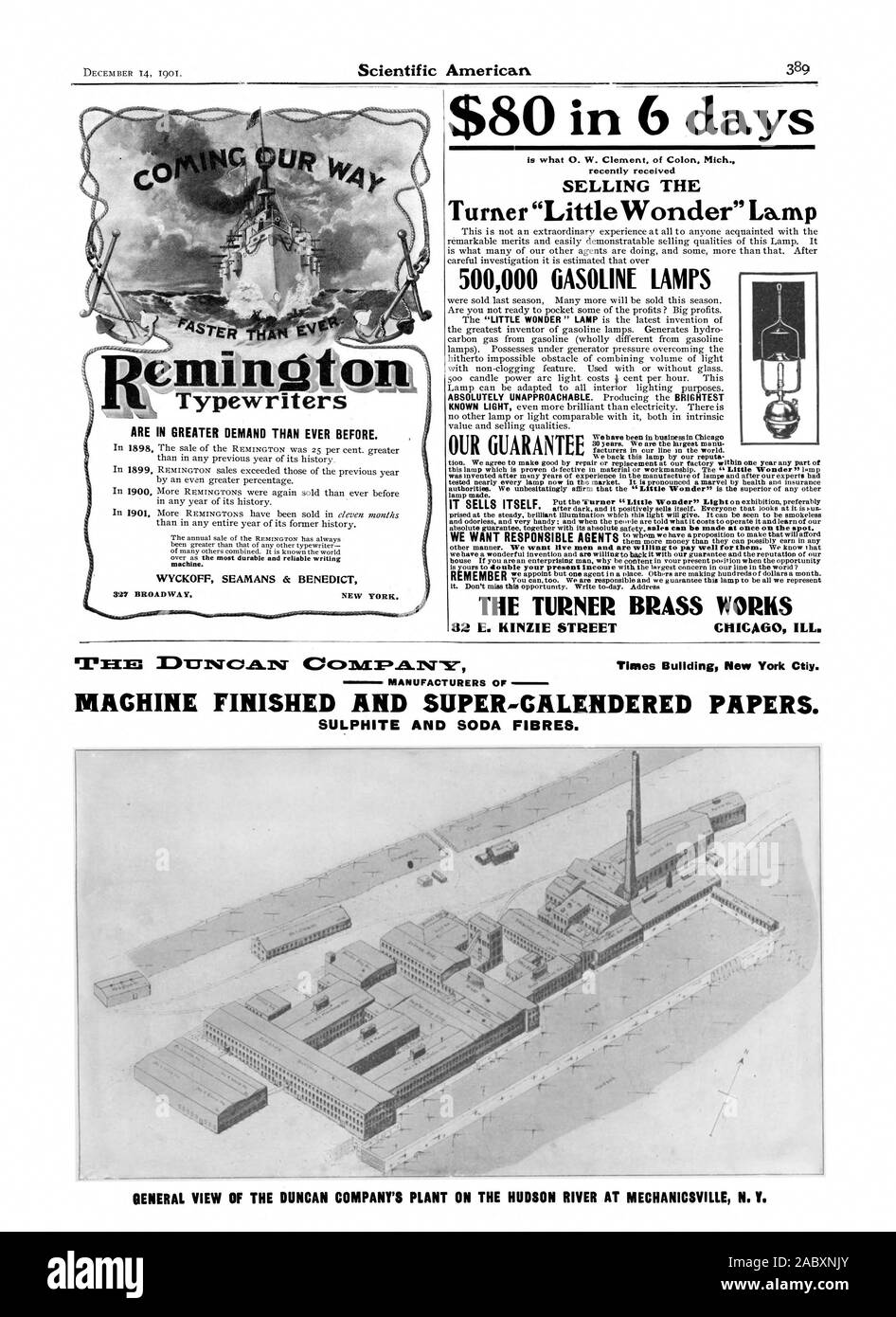 Est ce que 0. W. Clement de Colon. Michigan a reçu récemment la vente Turner 'Little Wonder' 500000 Lampes Lampe ESSENCE LE TURNER BRASS WORKS SONT PLUS EN DEMANDE QUE JAMAIS. 327 BROADWAY NEW YORK. Notre garantie mirm. . Les FABRICANTS DE MACHINE ET FINI SUPER CALANDRÉ à papiers. Le sulfite et soude les fibres. Vue générale de l'usine de l'entreprise de DUNCAN SUR LA RIVIÈRE HUDSON À MECHANICSVILLE N. Y., Scientific American, 1901-12-14 Banque D'Images