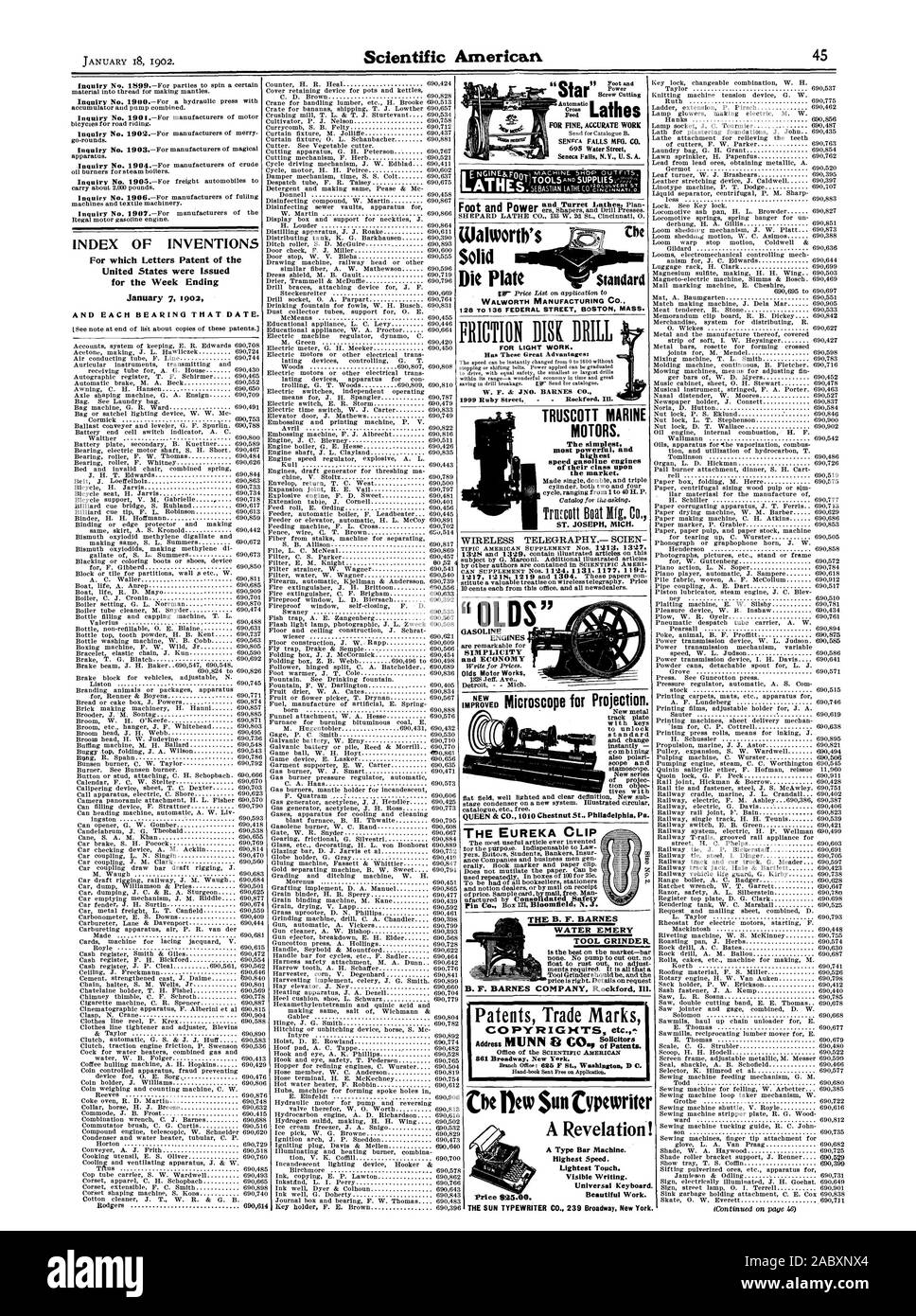 Olds Motor Works le Cbe nouveau Sun typewriter une révélation ! Un bar de type Machine. Clavier universel. Prix $25.00. Beau travail. INDEX DES INVENTIONS pour lesquelles Lettres patentes de l'United States ont été émises pour la semaine se terminant le 7 janvier tooa ET CHAQUE ROULEMENT CETTE DATE., Scientific American, 1902-01-18 Banque D'Images
