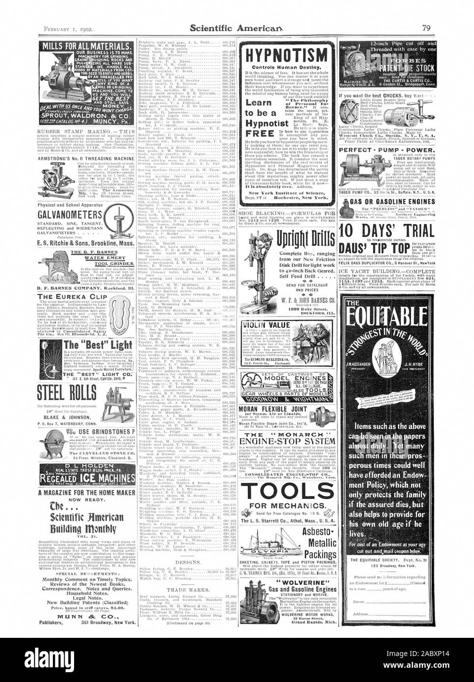 ARMSTRONG'S n° 0 MACHINES UN MAGAZINE POUR L'accueil bouilloire maintenant prêt. .Scientifique mensuel Mensuel Construction Thnerican commentaires sur des sujets d'actualité. Critiques des plus récents livres. La correspondance. Notes et requêtes. Notes à la personne. Notes légales. Nouveau bâtiment classé (brevets) MUNN C ' DESSINS. ilpriglil Les exercices pour la mécanique. Emballages métalliques amiante ' WOLVERINE' gaz et des moteurs à essence Westcott Chuck Co. l'Oneida N. Y. U. S. A. MILLS POUR TOUS LES MATÉRIAUX. Notre travail EST DE FAIRE OBTENIR LE MEILLEUR OU NE CHAN SPROUT WALDRON & CO. la "meilleure" Light GALVANOMÈTRES LE B. F. BARNES MEULE LE Banque D'Images