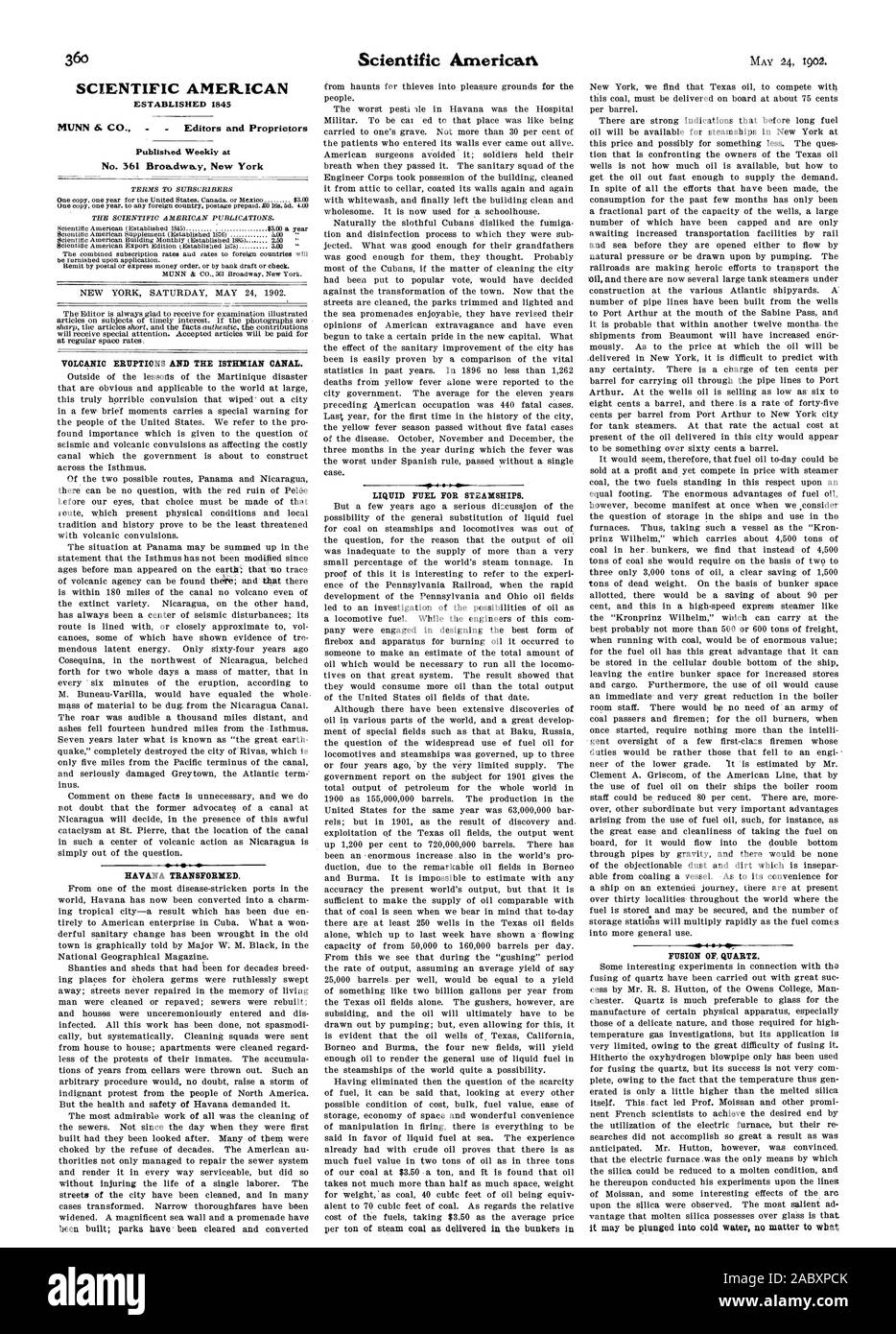 SCIENTIFIC AMERICAN A ÉTABLI 1845 publiés chaque semaine au n°361 Broadway. New York LES ÉRUPTIONS VOLCANIQUES ET L'ISTHMIAN CANAL. La HAVANE transformé. Pour Combustible liquide vapeur. FUSION DE QUARTZ., 1902-05-24 Banque D'Images