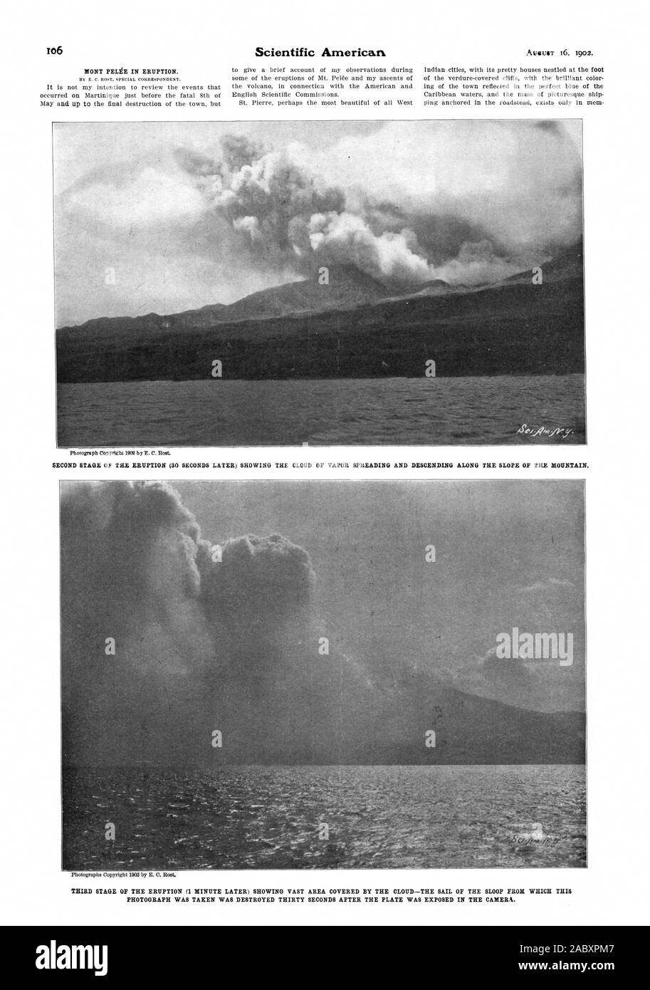 MONT PELgE en éruption. Troisième phase de l'éruption (1 MINUTE PLUS TARD) MONTRANT UNE VASTE ZONE COUVERTE PAR LE NUAGE, LA VOILE DU SLOOP D'OÙ CETTE PHOTO A ÉTÉ PRISE A ÉTÉ DÉTRUIT TRENTE SECONDES APRÈS LA PLAQUE A ÉTÉ EXPOSÉE DANS L'APPAREIL PHOTO., Scientific American, 1902-08-16 Banque D'Images