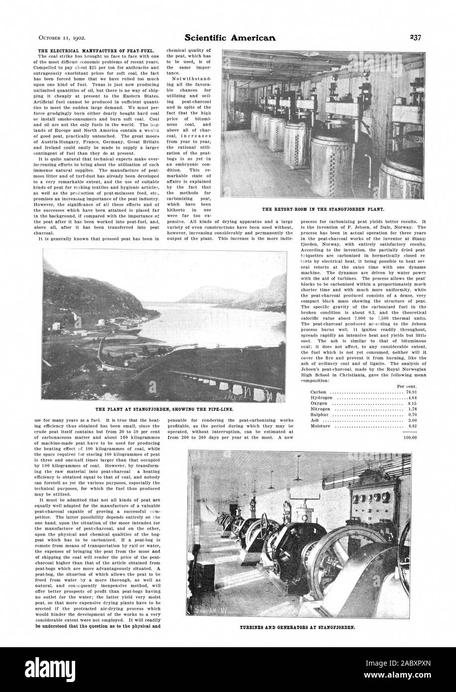 La fabrication de combustible de la tourbe. L'USINE À STANGFJORDEN montrant le PIPE-LINE. La riposte-PRIX DANS L'USINE STANGFJORDEN. Les turbines et les générateurs SUR STANGFJORDEN., Scientific American, 1902-10-11 Banque D'Images