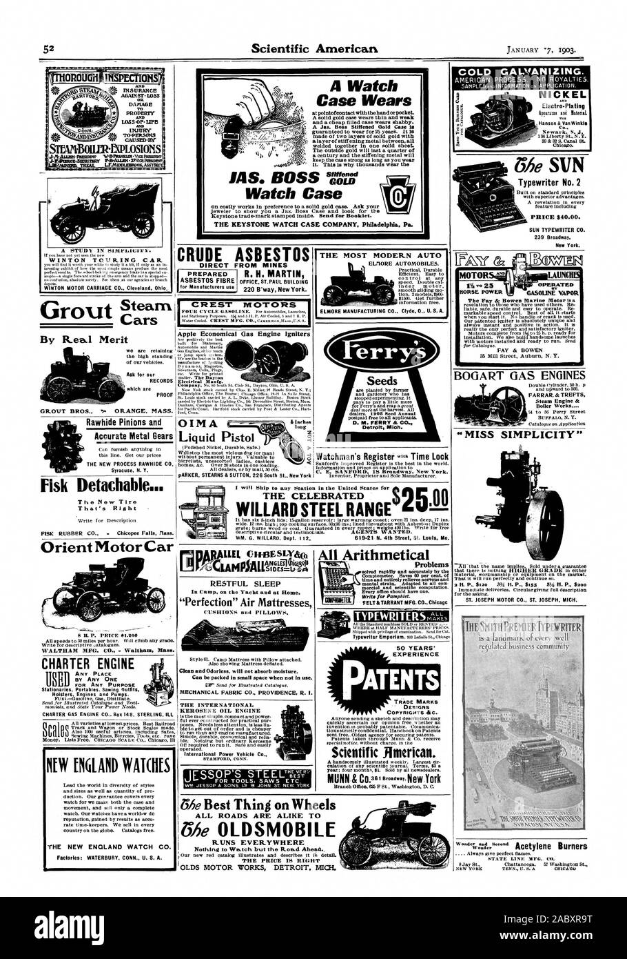 Dessins industriels Droits d'auteur &C. Scientific American. D. M. FERRY & C0. Detroit Michigan Graines 50 ANS D'EXPÉRIENCE DE LA CÉLÈBRE GAMME ACIER WILLARD 0 TOUTES LES ROUTES SONT SIMILAIRES T fonctionne PARTOUT WINTON Apple TOURING CAR le moteur à essence économique nDARAILEL Allumeurs un sommeil réparateur dans le camp sur le bateau et à la maison. 'Perfection' Matelas Air Charter Voitures MOTEUR NICKEL ET TH Galvanisation à froid. Machine à écrire n° 2 : 40 $. Chevaux de puissance (1W E EXPLOITÉ GASOUNE BOGART VAPEUR MOTEURS À GAZ Boiler Works ' MISS SIMPLICITÉ' LE SMITHPREMIERTYPWRITER II, 1903-01-17 Banque D'Images