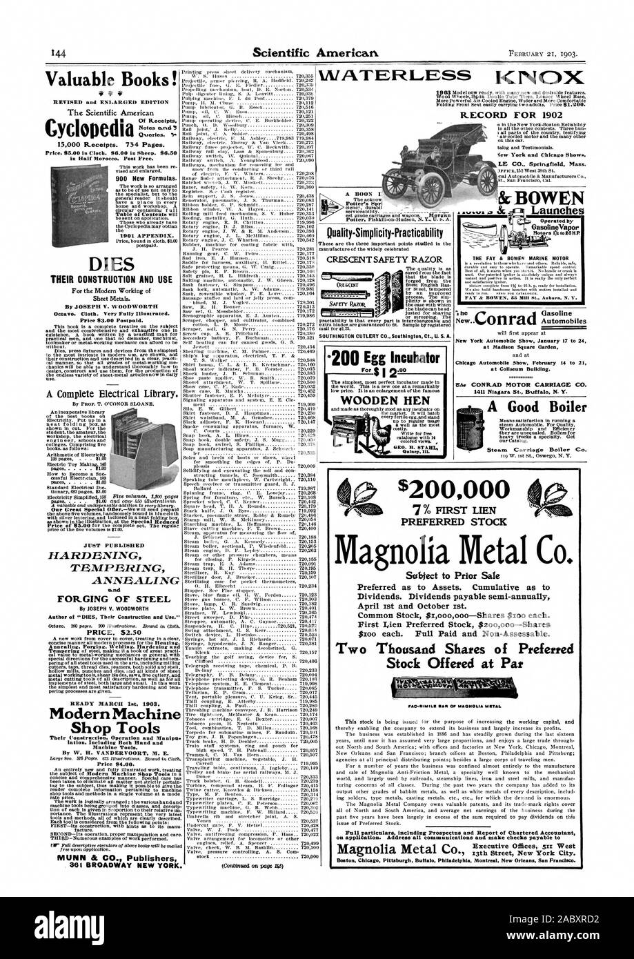 RECORD POUR 1902, le Scientific American 15000 reçus. 734 pages. 05.00 Prix en tissu. 06,00 chez les ovins. 900 de nouvelles formules. L'annexe 1001. Meurt LEUR CONSTRUCTION ET L'utilisation pour le modem de métaux en feuilles de travail. Par JOSEPH C. WOODWORTH Octavo. Chiffon. Très bien illustré. 63,00 Prix services postpayés. TBAIPBRING ANNRALING DURCISSEMENT VIENT DE PARAÎTRE fin FORGER DE L'ACIER PAR JOSEPH C. WOODWORTH Auteur de 'DIES leur construction et d'utilisation.' Forge recuit soudage. Durcissement et 0. H. Elbrecht bouchon. Voir bouchon de cheminée cuisinière flamme bleu pétrole G. W. Ferdon 720123 cuisinière a gaz C. F. Wilson 720303 plaque Cuisinière Banque D'Images
