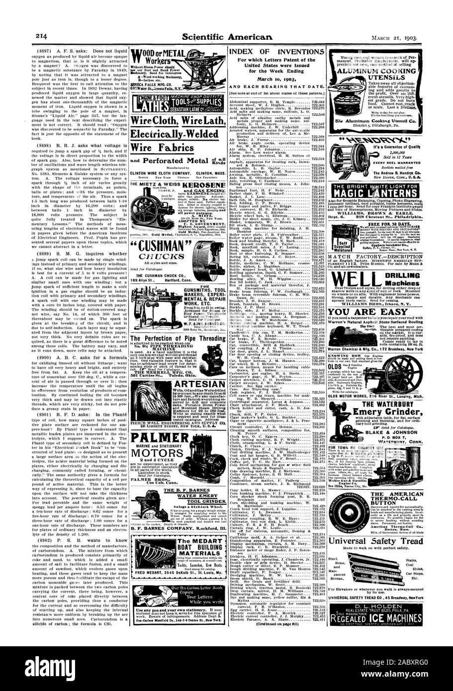 Le fil tissé tissus fil Electrically-Welded lattis métallique perforé .id INDEX DES INVENTIONS pour lesquelles Lettres patentes de l'United States ont été émises pour la semaine se terminant le 10 mars 1903 NGINE LATHrt DorMETAL 0 00T& 69nirater Les travailleurs se trouvent rue Beta Falls N.V. 2 et 4 LE CYCLE DE L'EAU B. F. BARNES EMERY MEULE. 24:2 à l'aide d'une roue de 81 cm. B. F. BARNES COMPANY. R.ockford mauvais MEDART Le voile les matériaux de construction des puits artésiens la Perfection de filetage de tuyau No 94 MACHINES 501 Curtiss St. Toled en Ohio. Fil CLINTON CLOTH COMPANY CLINTON. Masse. et moteur à gaz, tous les blocs d'purpmes. A. Mlurz Banque D'Images