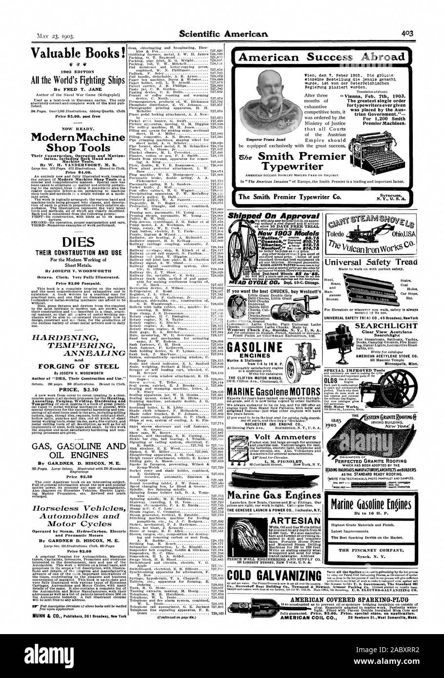 Succès américain à l'étranger l'empereur François-Joseph 7 Février 1903 Vienne. Le plus grand ordre simple aux machines à écrire jamais donné a été placé par le Gouvernement aus trian.' pour 1200 Le Premier ministre Smith Machines. wttrde Begierung-von der Osterreichischen plaziert worden. Machine à écrire succès américain brochure envoyé gratuitement sur demande. Le Premier ministre Smith Typewriter Co. Syracuse du ''Siberian° ENCINES 12,75 $ l'essence de beauté Marine & à l'arrêt de 1 à 4 à 16 H. P. LE CLIFTON MOTOR WORKS essences pour moteurs marins MOTEURS MOTEUR À GAZ ROCHESTER CO. v. ampèremètres L. M. PIGNOLET LE LANCEMENT DE GENESEE & POWER CO. Rochester N.Y. puits artésien Banque D'Images