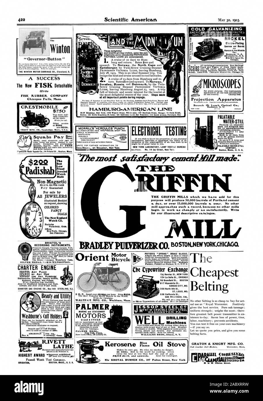 L' bouton gouverneur WINTON MOTOR CARRIAGE CO Cleveland 0. ClkESTMOBILE 750 pigeonneaux payer = Plymouth Rock Co pigeonneau14 Ami Boston Mass. St. Le meilleur bijoux à bas prix montre fabriquée en maillechort non magnétique cas pleinement garantis à vendre par tous les bijoutiers brochure illustrée sur demande couleur montrant plaqués compose le New England Watch Co. Bureaux Usines Waterbury Connecticut NewYork Chicag San Francisco. INSTRUMENTS D'ENREGISTREMENT DE BRISTOL. Médaille D'EXPOSITION DE PARIS. Moteur CHARTE Stationaries. Étuis Portables tenues de sciage Moteurs et pompes.  %Snuffle détenteurs Brassard du AMERICAN RING CO. RIVETT LA Banque D'Images