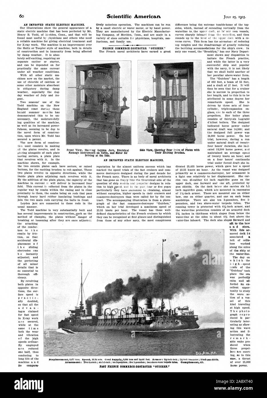L'AMÉLIORATION DE LA MACHINE ÉLECTRIQUE STATIQUE. Le commerce français-GIIICHEN DESTROYER '.' UNE MEILLEURE MACHINE ÉLECTRIQUE STATIQUE. Le commerce français rapide-DESTROYER ' GIIICHEN., Scientific American, 1903-07-25 Banque D'Images