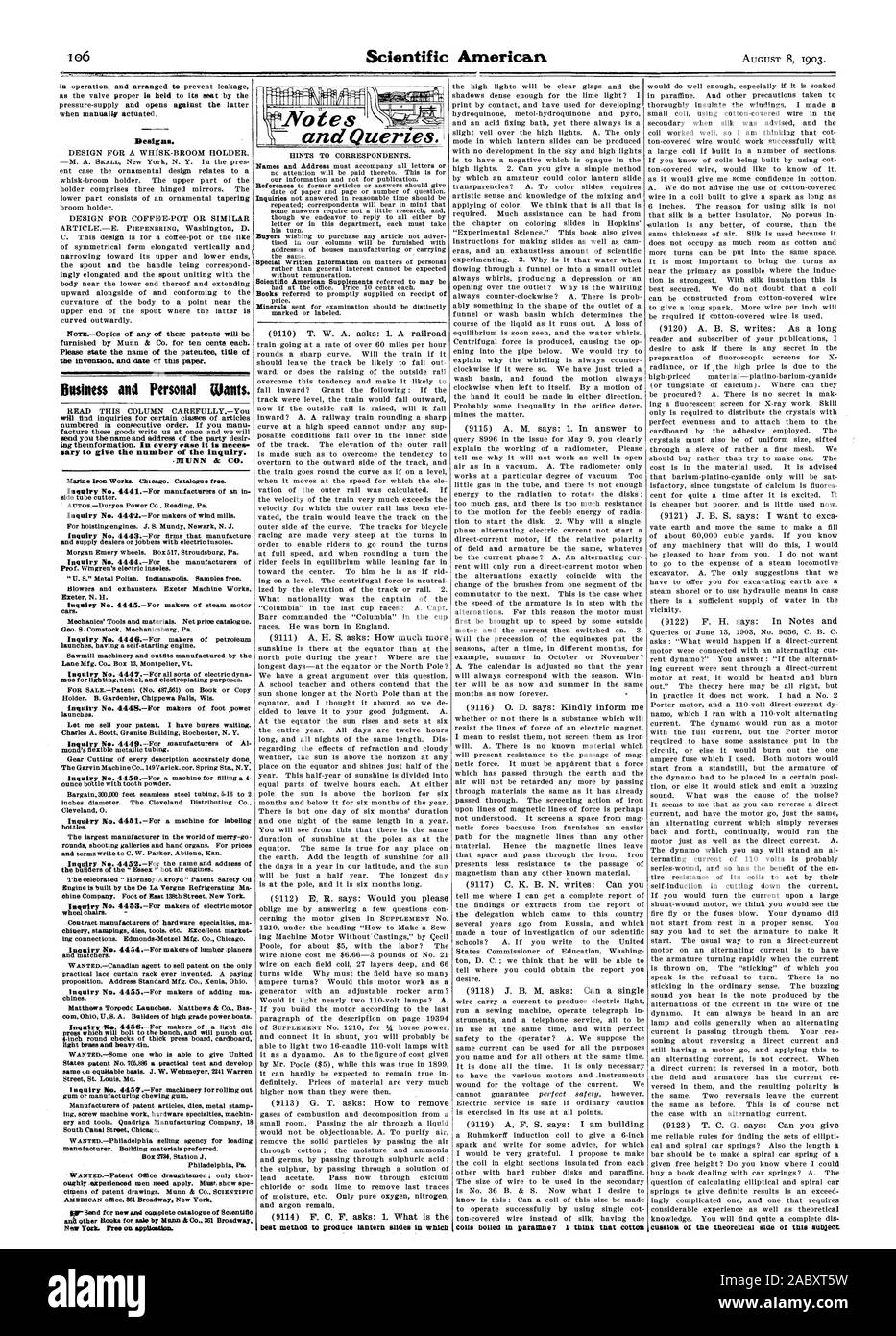 Dessins et modèles industriels. Veuillez indiquer le nom de la titulaire du titre a l'inventaon. et la date de ce document. Entreprise et Personnel veut. Lire l'article attentivement.-Vous trouverez des demandes pour certaines catégories d'articles facture ces marchandises nous écrire à la fois et nous vous ferons parvenir le nom et l'adresse du désir de l'ing. Dans chaque facilité il est neees. glary pour donner le numéro de l'enquête. MUNN dc CO. automobiles. Duryea-Power Co.... lecture de l'enquête no 4442.-Pour des fabricants de moulins à vent. Pour les moteurs de levage. J. S. Mundy Newark N. J. Enquête no 4443.-Pour les entreprises qui fabriquent et fournissent des concessionnaires ou Banque D'Images