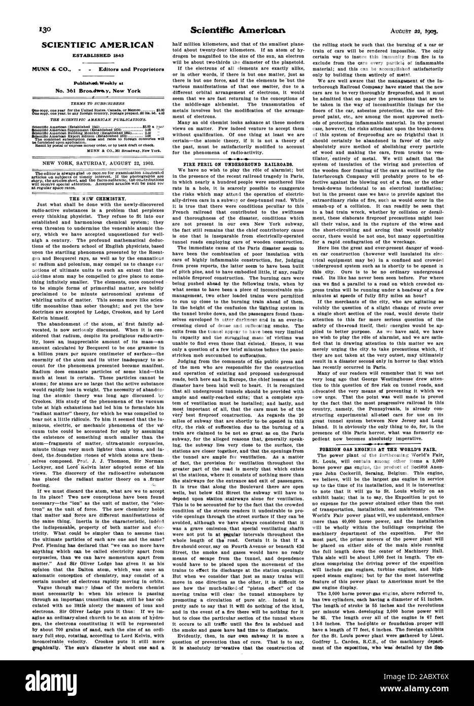SCIENTIFIC AMERICAN A ÉTABLI 1845 MUNN & CO éditeurs et propriétaires publié;chaque semaine au no 361 Bronciway. New York Fire danger sur les chemins de fer souterrains. Les moteurs à gaz à l'étranger ter l'exposition., 1903-08-22 Banque D'Images