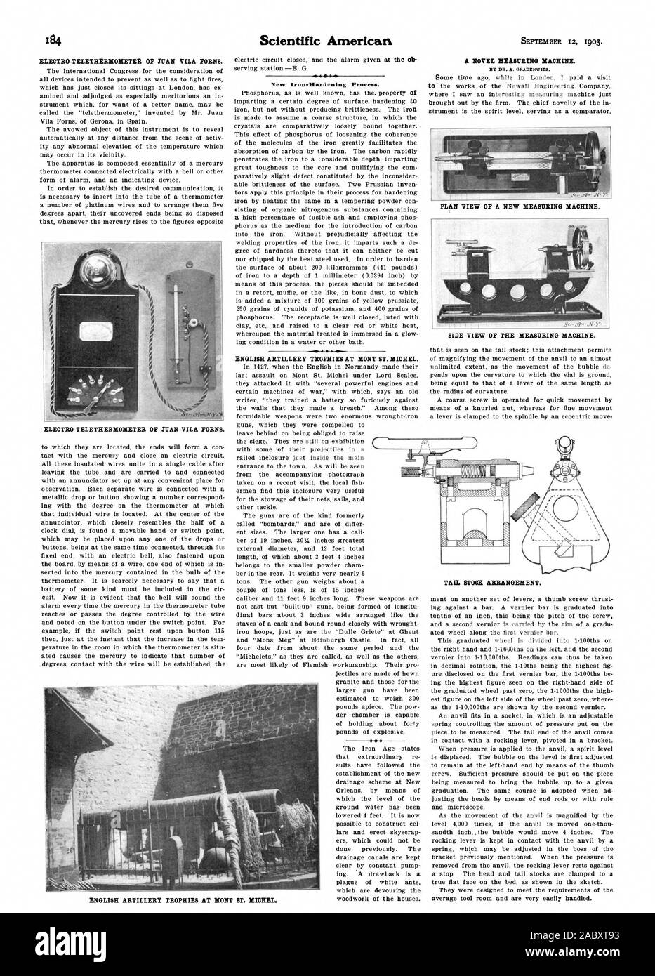 ELECTRO-TELETHERMOMETEK WAN DE VILA FORMULAIRE. ELECTRO-TELETHERMOMETER DE JUAN VILA FORMULAIRE. Trophées de l'ARTILLERIE ANGLAISE AU MONT ST. MICHEL. Une NOUVELLE MACHINE DE MESURE. Vue en PLAN D'UNE NOUVELLE MACHINE. Vue de côté de l'APPAREIL DE MESURE. Trophées de l'ARTILLERIE ANGLAISE AU MONT ST. MICHEL. 1 1. "B P LA QUEUE ARRANGEMENT., Scientific American, 03-09-12 Banque D'Images