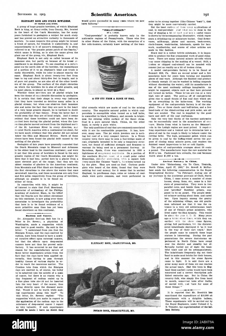Roche de l'ÉLÉPHANT ET AUTRES. BOWLDERB Par CHARLES ALMA BYZRS. Le Radium et le cancer. devrait être fait je ne doute pas qu'ils "coal-porcelaine.' PAR L. LODIAN. Une tasse COUPÉ D'UN BLOC DE CHARBON. La statuaire antique en Chine. loon usine. Pomme de terre GRANITBVILLE ROCK MO., Scientific American, 03-09-12 Banque D'Images