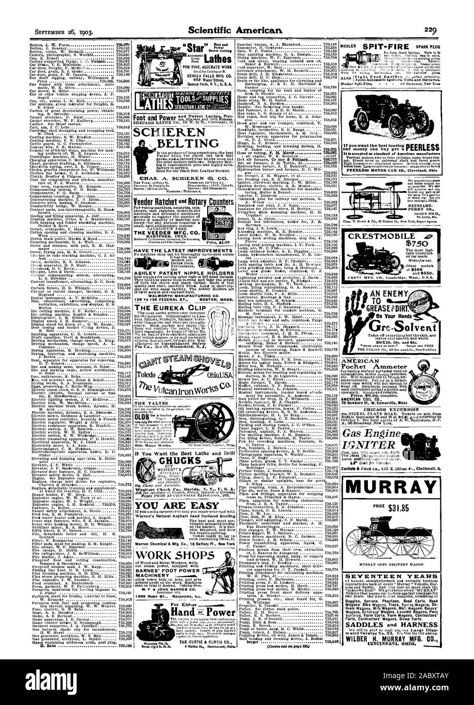 Seneca Falls N.Y. U.S.A. LES SOUPAPES BARNES' MACHINES D'ALIMENTATION PIED W. F 6. JOHN BARNES CO. TRAVAILLER hisrams   soit pour boutiques-ra. Puissance main PEERLESS MOTOR CAR CO. Cleveland Ohi SW17STADT. PERRY CO. CRESTMOBILE 750 AMERICAN Pochet Ampèremètre Prix. SS.00. Bobine AMÉRICAINE CO. CHICAGO EXCURSION par voie routière Nickel Plate. Billets en vente à partir de 1903 SCIENTIFIC AMERICAN INC, 1903-09-26 Banque D'Images