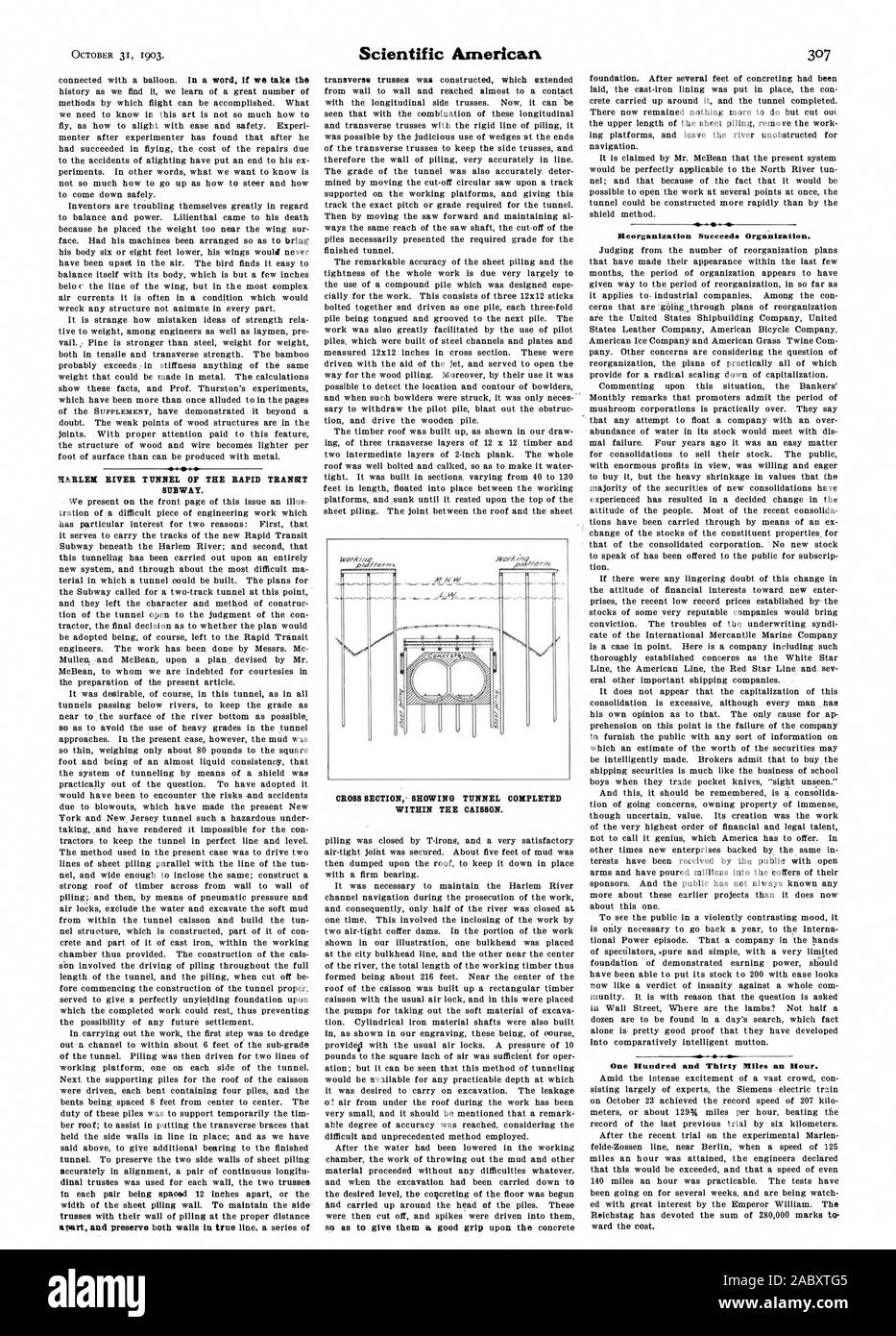 HARLEM RIVER TUNNEL DU MÉTRO DE TRANSPORT EN COMMUN RAPIDE. Coupe transversale montrant TUNNEL ACHEVÉ DANS LE CAISSON. Réorganisation succède à l'Organisation. Cent trente Hiles une heure., Scientific American, 1903-10-31 Banque D'Images