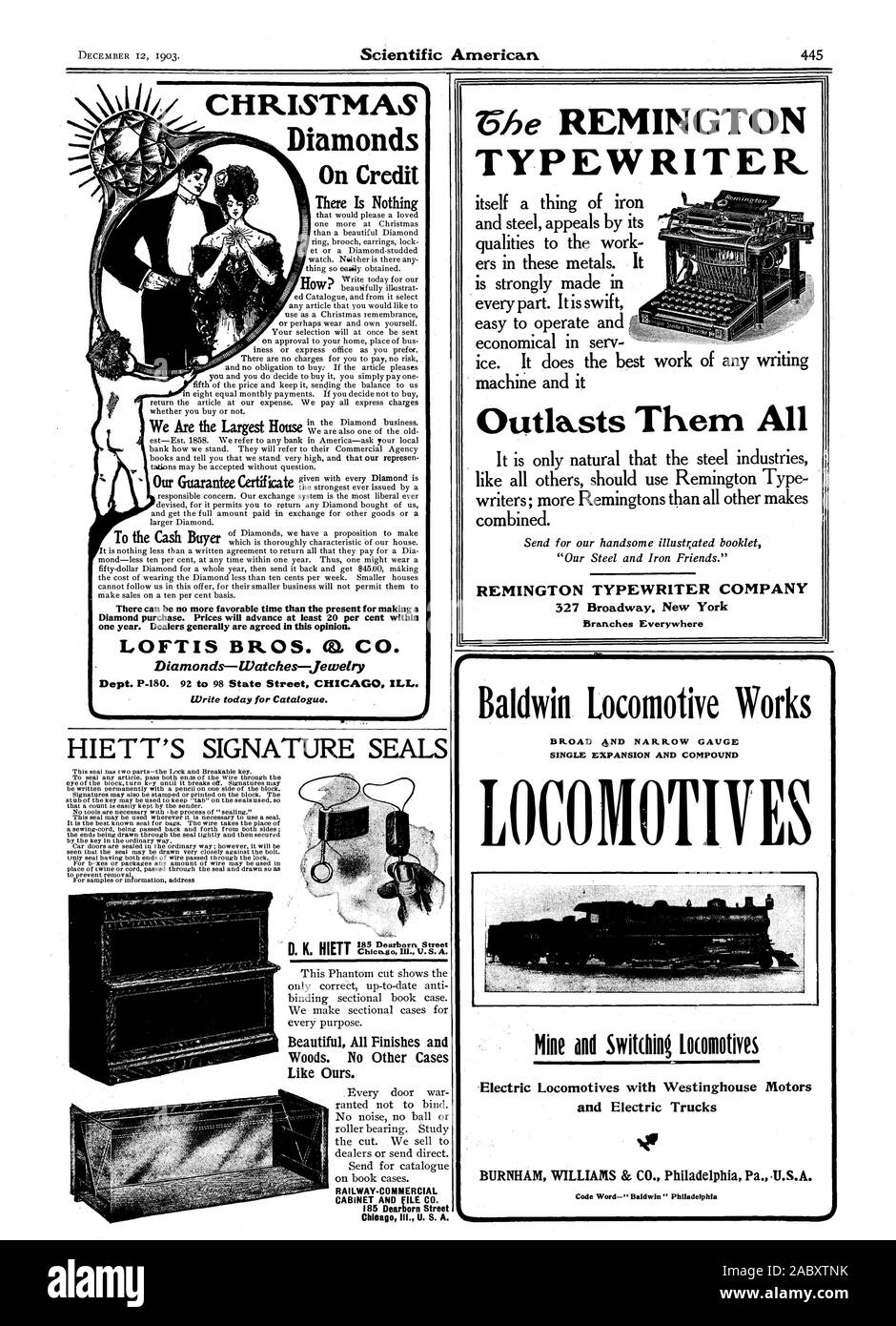 Les Diamants de Noël à crédit Il n'y a rien il n'y a pas de temps plus favorable que l'actuel pour faire un achat de diamants. Les prix vont à l'avance au moins 20  % dans l'année. Les concessionnaires sont généralement convenu dans le présent avis. Diamants-Watches-jewefry Ecrire aujourd hui pour Catalogue. Machine à écrire lui-même une chose de fer et d'acier, les appels lancés par ses qualités à l'œuvre dans ces métaux. Il est fortement faite dans chaque partie. C'est économe dans swift serv ice. Il ne la meilleure machine et comme tous les autres doivent utiliser des écrivains de type Remington ; plus Remmgtons que toutes les autres marques combinées. Pour envoyer nos Banque D'Images