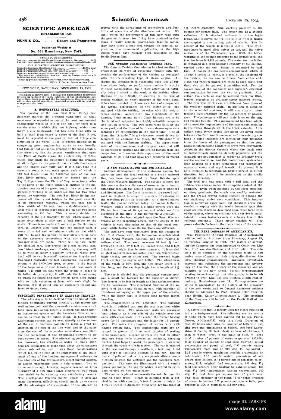 SCIENTIFIC AMERICAN A ÉTABLI UNE STRUCTURE MONUMENTALE 1845. Développement IMPORTANT DANS LA TRACTION ÉLECTRIQUE. La Commission d'essai de turbines de CUNARD. Une nouvelle voiture à moteur à vapeur pour les chemins de fer. Le prochain Congrès des américanistes., 1903-12-19 Banque D'Images