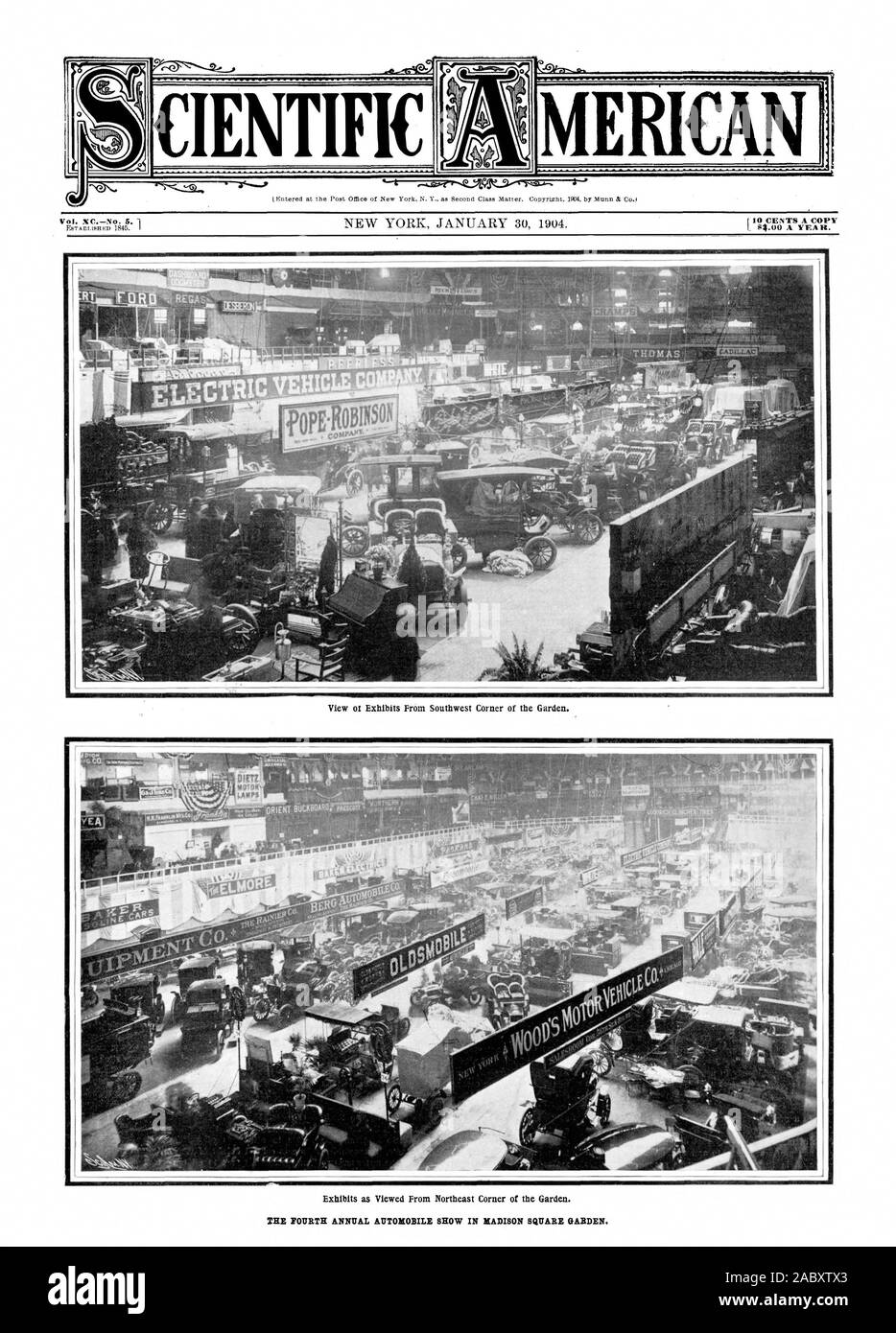 Expositions, vue de l'angle nord-est du jardin. Le quatrième rapport annuel montrent automobile dans le Madison Square Garden. PIETZ Wirt MN =, Scientific American, 1904-01-30 Banque D'Images