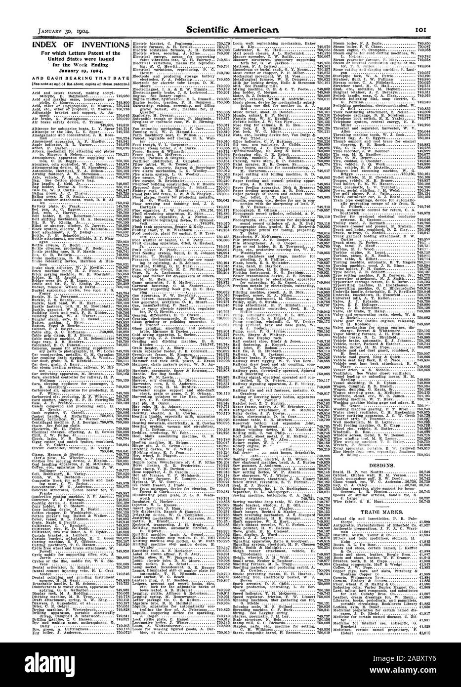 INDEX DES INVENTIONS pour lesquelles Lettres patentes de l'United States ont été émises pour la semaine se terminant le 19 janvier 1904 et chaque roulement CETTE DATE. Les marques., Scientific American, 1904-01-30 Banque D'Images