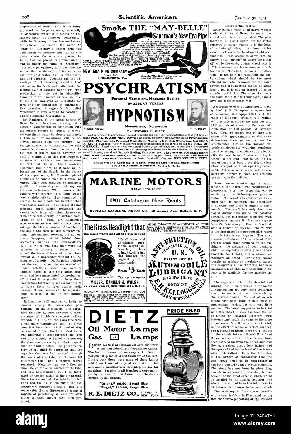 Magnétisme Suggestion par Herbert L. FLINT phénomènes psychiques magnétisme personnel guérison magnétique l'hypnotisme a expliqué 210 East avenue Rochester N. Y. E. S. A. moteurs essences pour moteurs marins BUFFALO MOTOR CO. 50 avenue Auburn Buffal N. Y. PAR ALBERT VERNON l'hypnotisme le phare en laiton que veut le monde et tout le monde achète : chaque essayer d'obtenir l'Agence MILLER DANIELS & WALSH P  %r DES BREVETS ij J3IIICANi NIANUFACTIMED un ' % NewEraripe Saurman'SÈRE NOUVELLE PIPE COMPANY.PSYCHR ATISM Dept. A-3 DIETZ Moteur à huile Lampes 'ORIENT' $6.50 Petite taille 'Regal' $10.00 Grande Taille R. E. DIETZ CO. 7N7EWLaighytOSRtK Banque D'Images