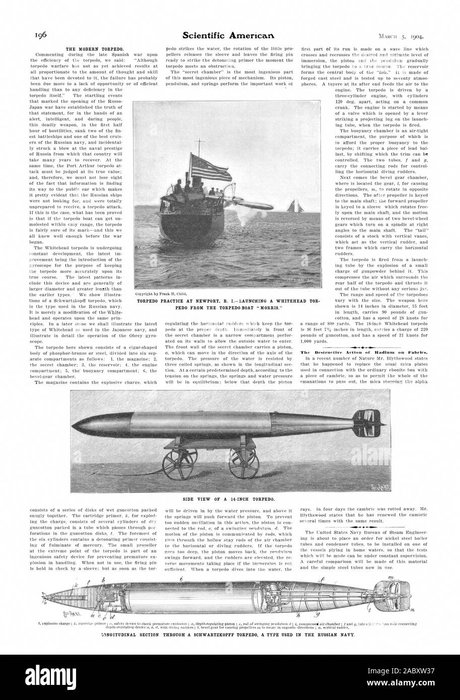 La torpille de pedo-VOILE 'MORRIS.' SECTION LONGITUDINALE À TRAVERS UNE TORPED SCHWARTZKOPFF UN TYPE UTILISÉ DANS LA MARINE RUSSE, Scientific American, 1904-03-05 Banque D'Images
