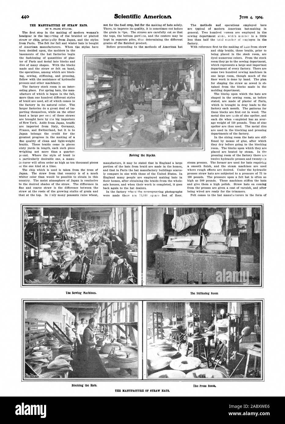 Par FRANK W. M'Clure. Scientific American rendant le Blpcks. Les machines à coudre. Le raidissement Prix bloque le chapeau. La salle de presse., 1904-1906-04 Banque D'Images