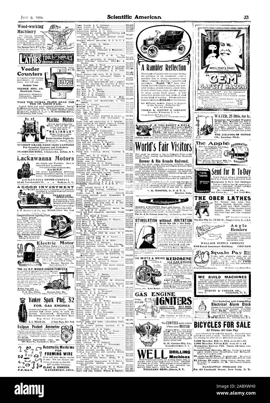 J J GARCEAU CO. Réveil électrique à des prix tous peuvent payer . °° ATHEs suppLir VEEDER Compteurs MFG. Hartford Connecticut CO. PRENDRE LA ROUTE POUR LE NICKEL PLATE ST. LOUIS JUSTE. Bougie Yankee pour 2 $. Les MOTEURS À GAZ DE FORMAGE à Blake & JOHNSON r. 3 à 24 H.P. Ithaca Novelty Co. électrique Moteur Électrique Pocket Eclipse 227, rue Main, ampèremètre Springfield Massachusetts STIMULATION 763462 sans irritation tout pouvoir par pose. A. . IETZ Gouvernement des États-Unis. Plus étonnant CO. Lansing Michigan refroidie à l'envoyer pour elle To-Day dr MONTGOMERY CO. VIDE CAP EVANS CO., Scientific American, 1904-07-09 Banque D'Images