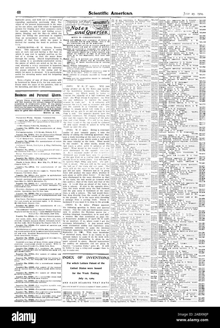 Sary pour donner le numéro de l'enquête. .3,7 1IUNN CO. aux entreprises et personnels veut. r ie :.i(1) d'un 111[ a:10.h. ! être S :[) el : ET CHAQUE ROULEMENT cette date pour laquelle des lettres patentes de l'United States ont été émises pour la semaine se terminant le 4 o es .1., Scientific American, 1904-07-11 Banque D'Images