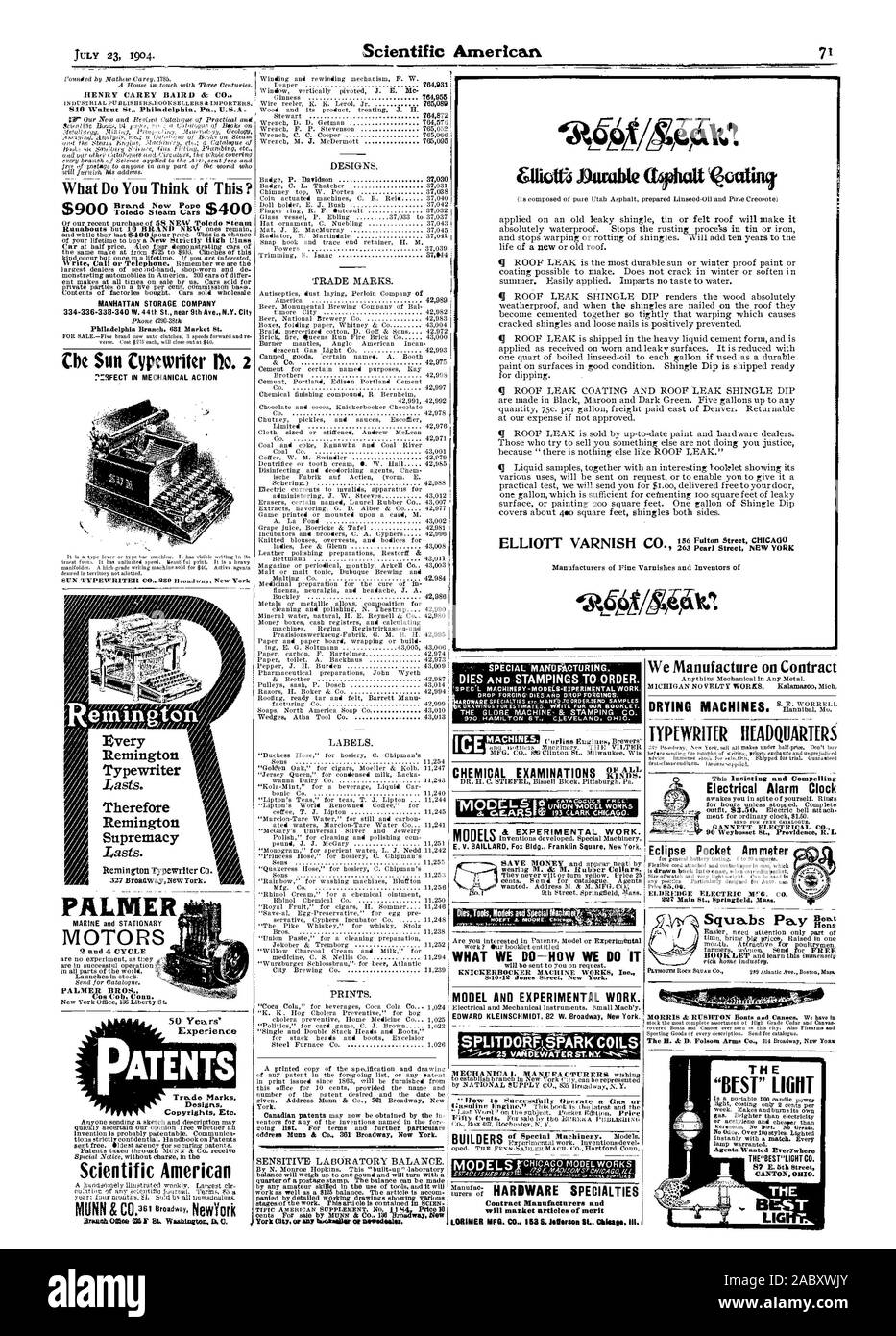 Machine à écrire Remington suprématie Remington donc Co. designs. Sileciai âge Moe Nei meurt et ite 8.10-12 Jones Street New York. Réveil électrique électrique Gannett Co. 'SPEC % IPERiMENTAL MODECS4MACHINES -travail. DTO. HAMILTON ST. CI.EVELAN en Ohio. "Modèle de l'UNION EUROPÉENNE 0. Nous fabriquons des modèles de contrat sur Auytkiug Mechavical allié en métal. Siège dactylo poche Eclipse liens ampèremètre, Scientific American, 1904-07-23 Banque D'Images
