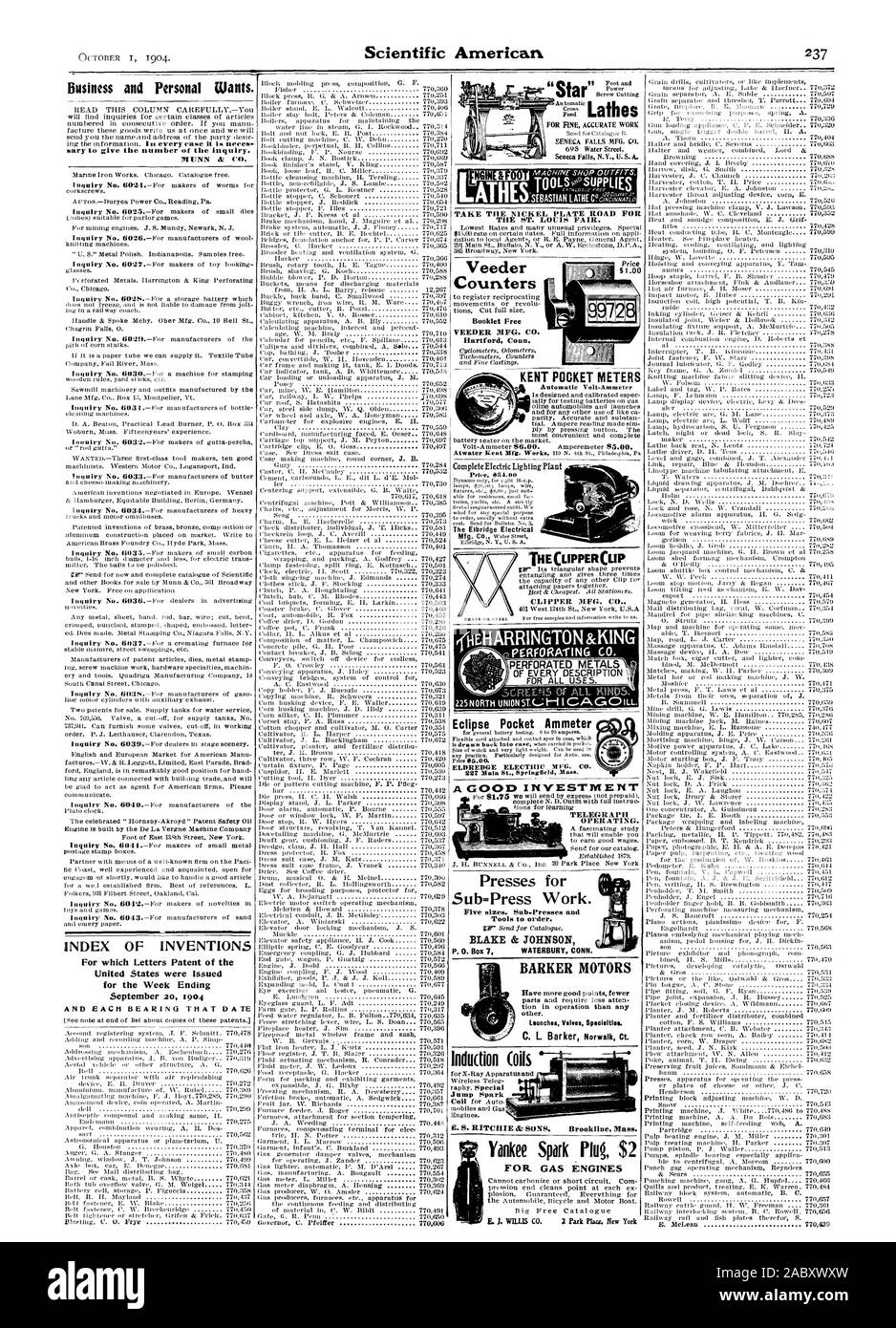 Entreprise et Personnel veut. INDEX DES INVENTIONS pour lesquelles Lettres patentes de l'United States ont été émises pour la semaine se terminant ET CHAQUE ROULEMENT CETTE DATE PRENDRE LA ROUTE POUR LE NICKEL PLATE ST. LOUIS JUSTE. Les compteurs d'alimentation libre Veeder Livret MFG. CO. Hartford Connecticut KENT POCKET MÈTRES La tondeuse électrique Elbridge MFG. ErlieHARRINGTON Eclipse KING &CO. Ampèremètre poche un bon investissement d'exploitation telegraph. Presses pour .sub =Appuyez sur travail. BLAKE & JOHNSON BARKER MOTORS d'autres. Vannes lance des spécialités. L'induction (huiles essentielles Jump Spark 1795 Bougie Yankee de la messe pour 2 $. Les moteurs à gaz, scientifique Banque D'Images
