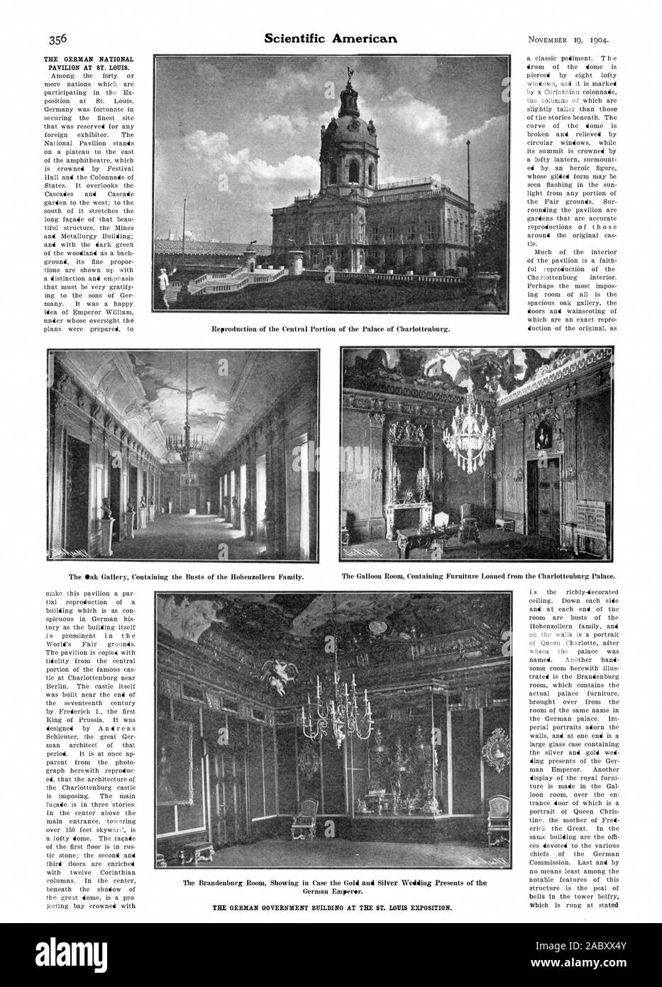 Le Gouvernement allemand à l'exposition de Saint-Louis. La reproduction de la partie centrale du Palais de Charlottenburg. La galerie de chêne, contenant les bustes de la famille des Hohenzollern. La Chambre, Galloon meubles contenant prêtées par le château de Charlottenburg. La Chambre de Brandebourg, montrant au cas où l'or et l'argent cadeaux de mariage de de l'empereur allemand. Scientific American, 1904-11-19 Banque D'Images