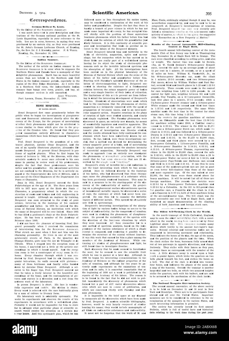 Cloches allemand à St Louis. L'été indien. HENRI BECQ1JEREL. Itesults de l'automobile annuel Concours Hill-Climbing à Eagle jarret. La plus ancienne horloge Sell-Striking dans le monde. L'extermination des moustiques. La Société nationale, Scientific American, 1904-12-03 Banque D'Images