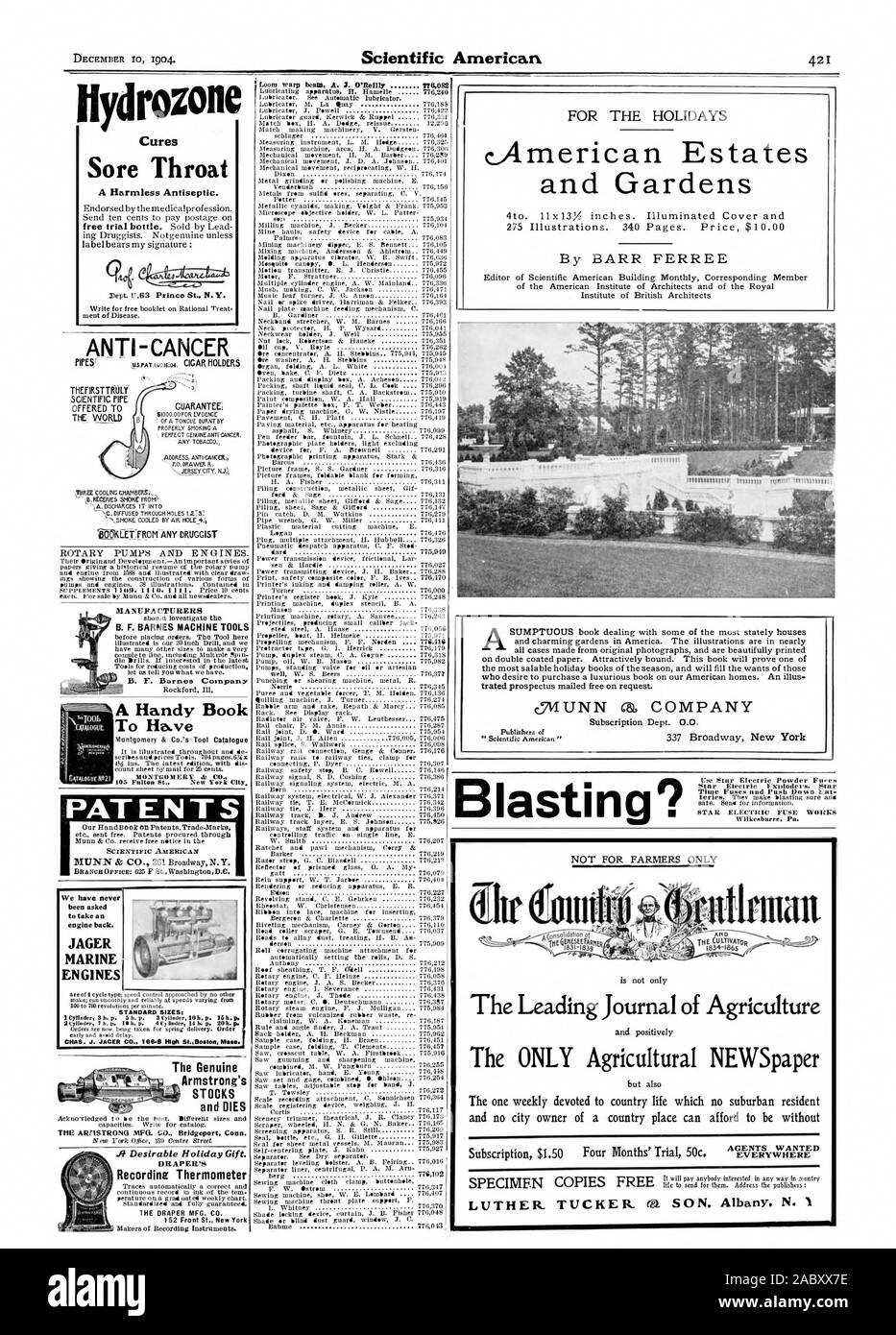 Les stocks d'Armstrong et meurt .0 souhaitable Holiday Gift. Le thermomètre d'enregistrement DRAPER DRAPER MFG. CO. 152 rue Front New York décideurs des instruments d'enregistrement. cAmerican Estates et jardins par BARR FERREE F Blasting Star Star PAS Exilloders ÉLECTRIQUE POUR LES AGRICULTEURS seulement le premier journal de l'Agriculture le seul journal agricole voulait AGENTS PARTOUT, Scientific American, 1904-12-10 Banque D'Images