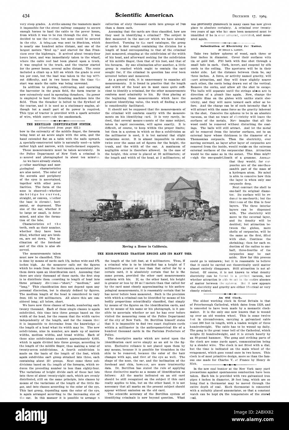 Le système d'identification de Bertillon. Moteur de traction HAUTE PUISSANCE ET SES NOMBREUX IL Substitution de l'électricité pour affaire. Un vieux réveil., Scientific American, 1904-12-17 Banque D'Images