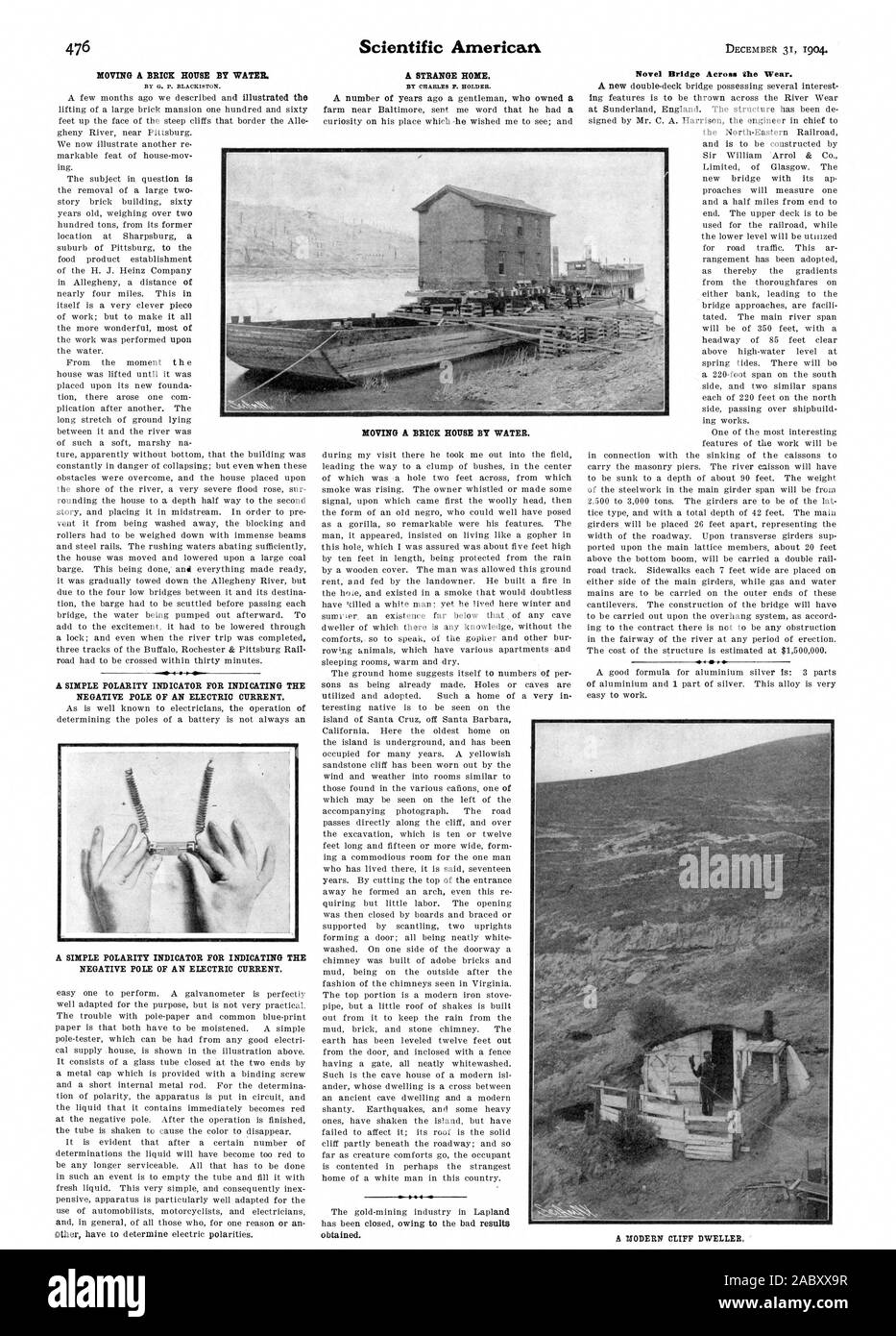 Déménagement UNE BRIQUE NOUSE, PAR L'EAU. Par G. P. BLACKMON. Un simple indicateur de polarité pour indiquer le pôle négatif d'un courant électrique. Par CHARLES P. TITULAIRE. L'ensemble du pont roman. d'usure, Scientific American, 1904-12-31 Banque D'Images