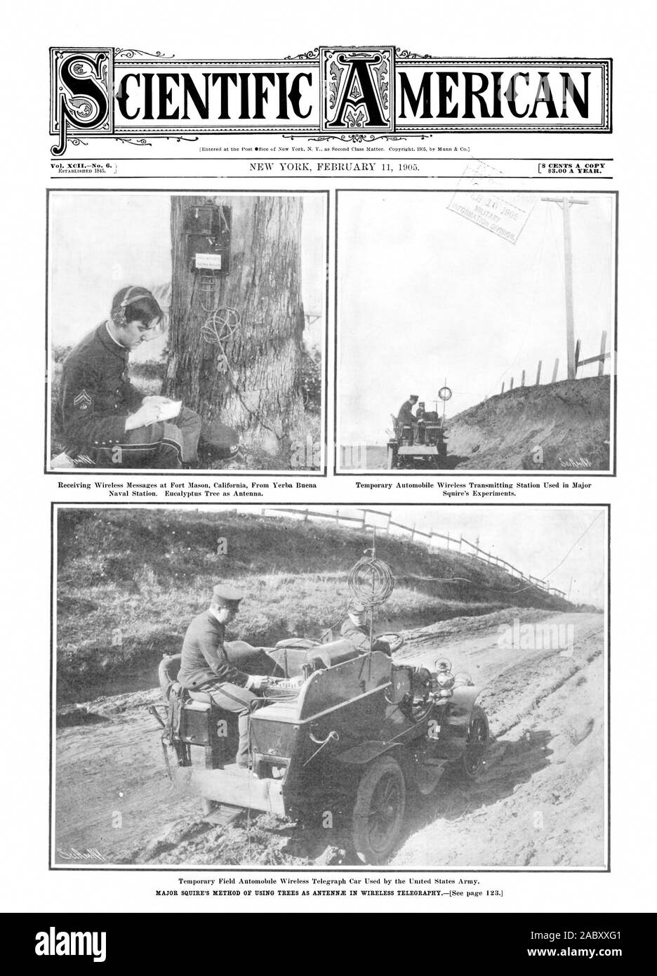 La réception de messages sans fil au Fort Mason de Californie Automobile temporaire de Yerba Buena Station de transmission sans fil utilisés dans les Grands Vol. NCIINo. 6. C. EST UNE COPIE L $3.00 par an. Cientifique MERICAN, Scientific American, 1905-02-11 Banque D'Images