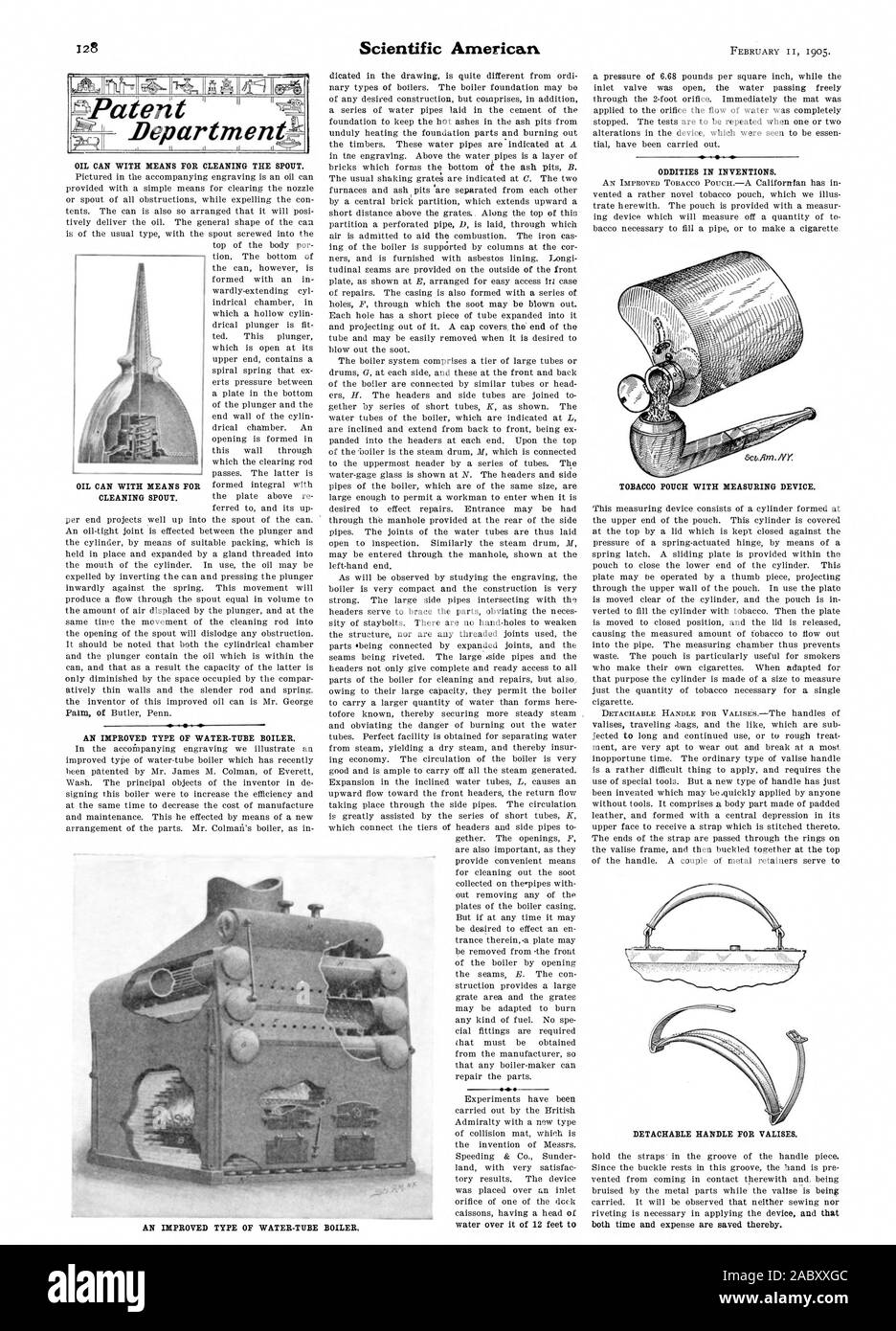 L'HUILE PEUT AVEC DES MOYENS POUR LE NETTOYAGE DE L'écoulement. L'AMÉLIORATION DU TYPE DE Chaudière à tubes d'eau. Scientific American l'eau sur elle de 12 pieds t BIZARRERIES DANS LES INVENTIONS. Blague à TABAC À L'APPAREIL DE MESURE. Poignée amovible pour valises. Les deux temps et les dépenses sont enregistrées de ce fait. Deparinzena l'AMÉLIORATION DU TYPE DE Chaudière à tubes d'eau., 1905-0 Banque D'Images