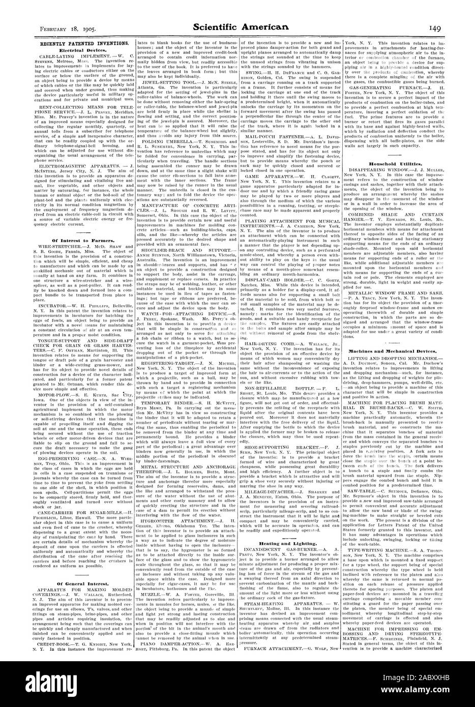 Récemment les inventions brevetées. D'intérêt pour les agriculteurs. D'Intérêt Général. Le chauffage et l'éclairage. Les services publics à la personne. Machines et appareils mécaniques., Scientific American, 1905-02-18 Banque D'Images