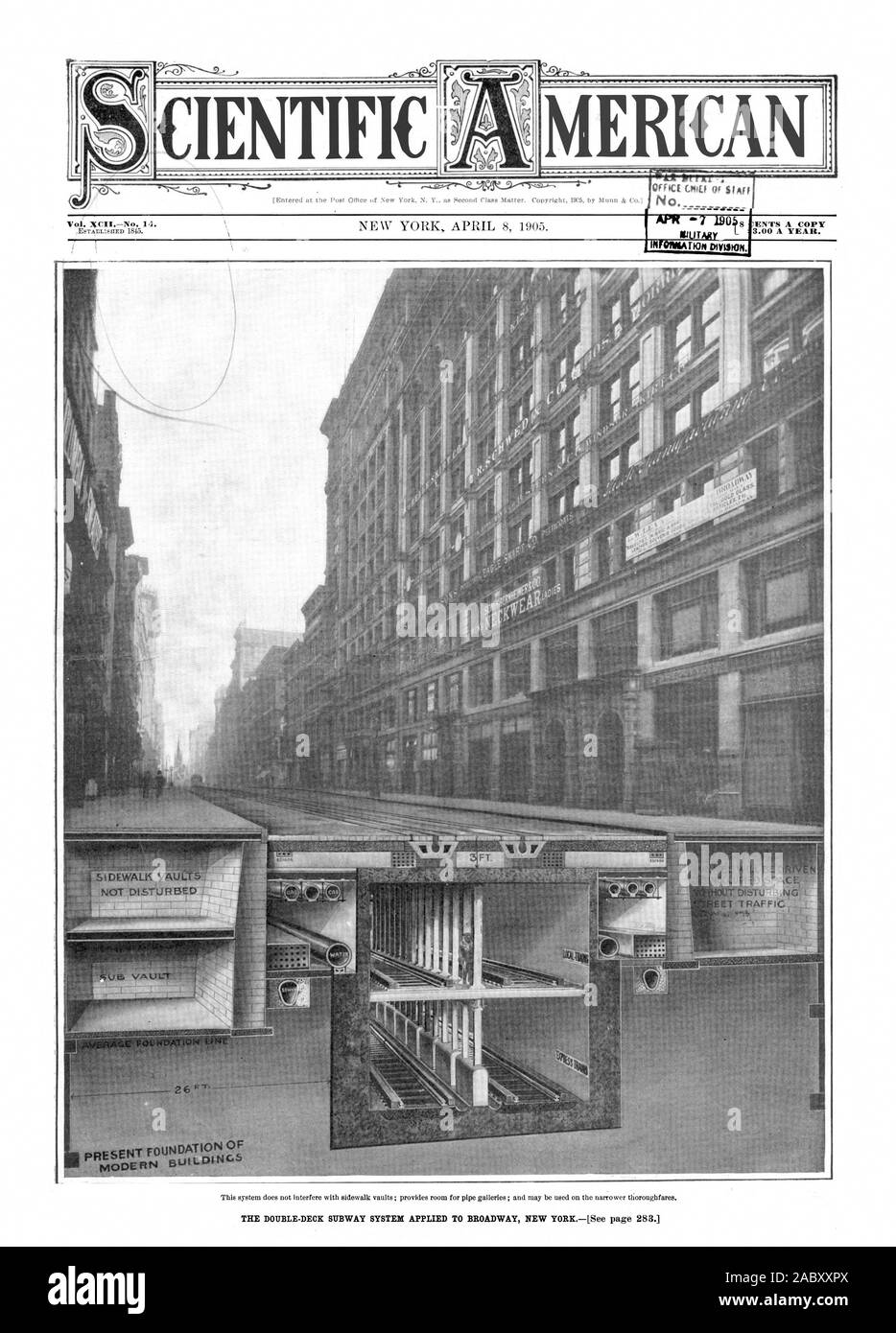 Ce système n'interfère pas avec les voûtes de trottoir ; offre prix pour tuyau galeries ; et peut être utilisé sur les voies publiques. NCIE-no vol. 14. KI PRÉSENT FOUNDATION DE BÂTIMENTS MODERNES - ? Est ' SlAfl Bureau DoEl No, Scientific American, 1905-04-08 Banque D'Images
