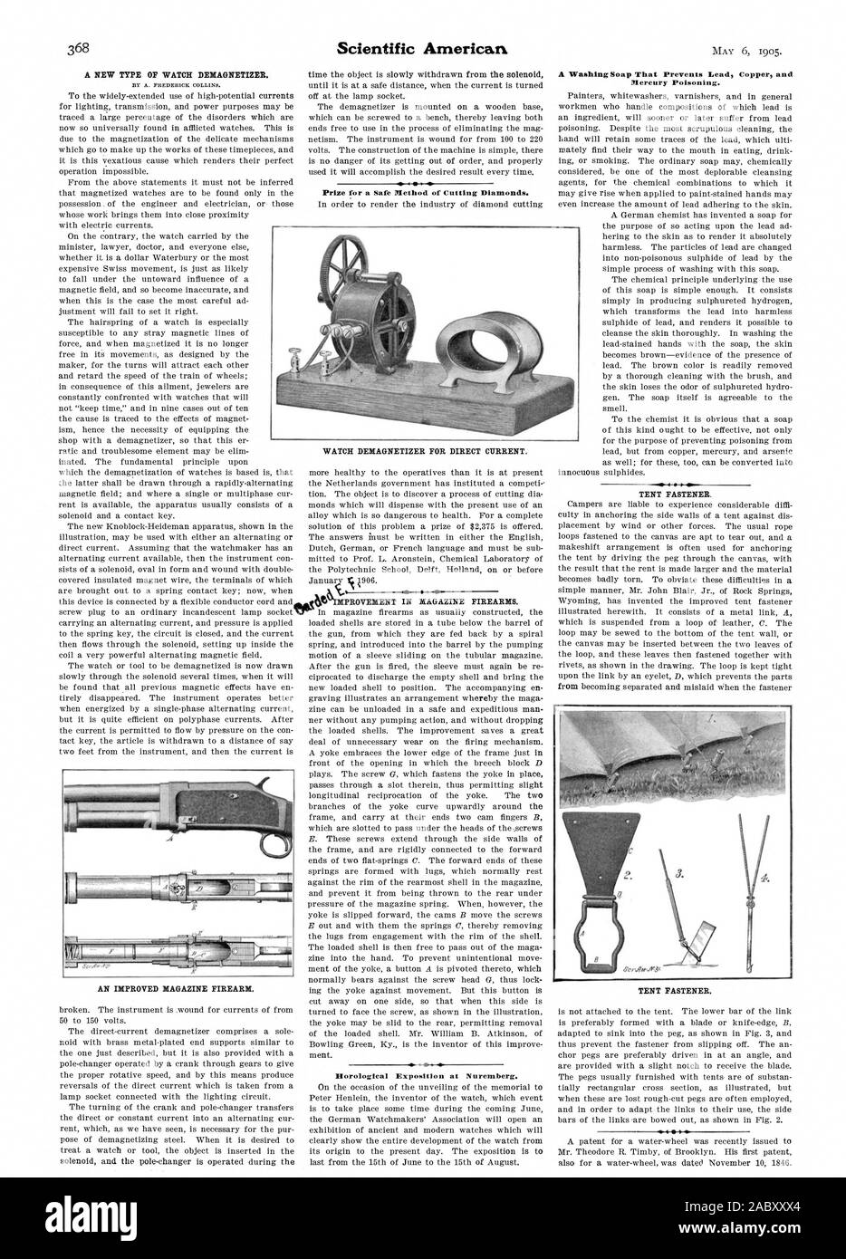 Un NOUVEAU TYPE DE REGARDER DÉMAGNÉTISEUR. Une amélioration de l'ARME À FEU MAGAZINE. Prix pour un coffre-fort permet de découper de diamants. Démagnétiseur POUR REGARDER LE COURANT DIRECT. Exposition horlogère à Nuremberg. Un lave-savon qui empêche le Plomb Cuivre et l'empoisonnement au mercure. Fixation de la tente. Tente à glissière., Scientific American, 1905-05-11 Banque D'Images
