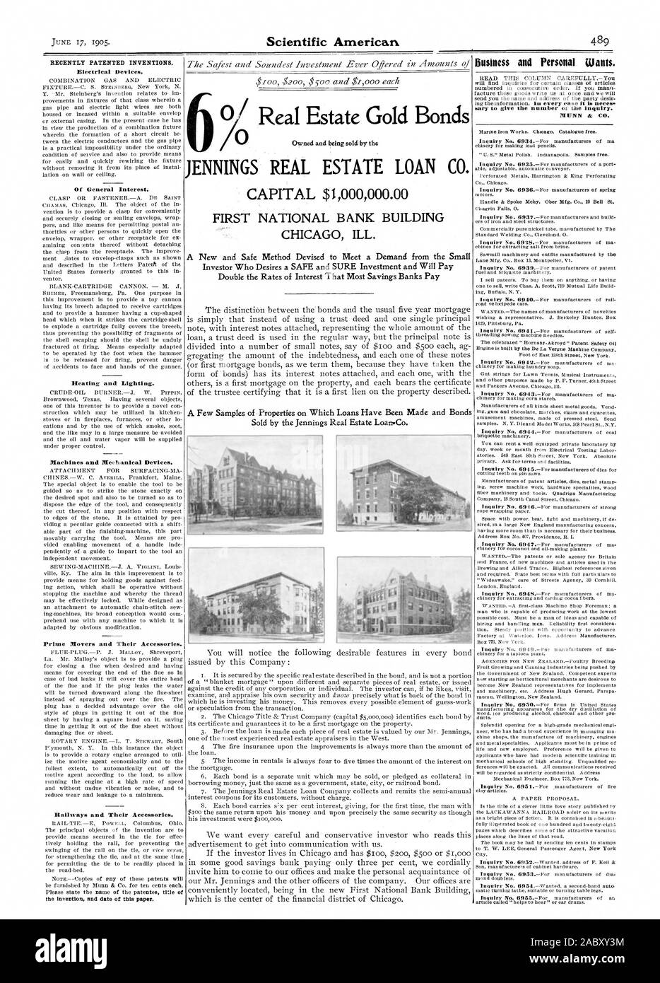 Or l'immobilier Les obligations détenues et vendu par le ENNINGS PRÊT IMMOBILIER CO. CAPITAL $1000000.00 FIRST NATIONAL BANK BUILDING CHICAG MALADE. Récemment les inventions brevetées. D'Intérêt Général. Le chauffage et l'éclairage. Machines et appareils mécaniques. Les initiateurs et leurs accessoires. Les chemins de fer et leurs accessoires. Entreprise et Personnel veut. sary pour donner le numéro de l'enquête., Scientific American, 1905-06-17 Banque D'Images