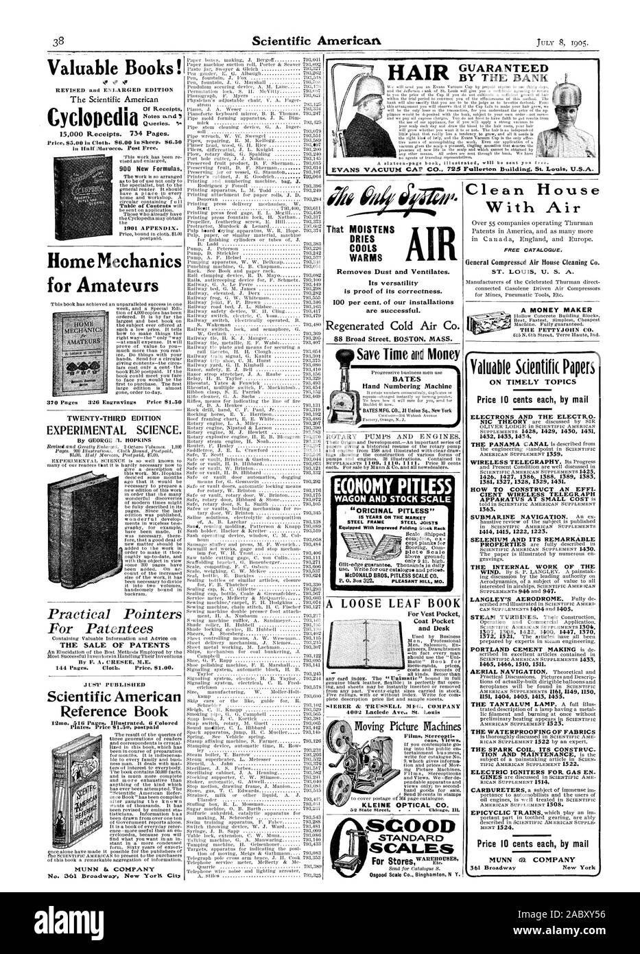 Livres précieux ! Édition augmentée et révisée Cyclopedia 1 i' : 15,000 reçus. 734 pages. 900 de nouvelles formules. L'annexe 1901. Pour les amateurs de Mécanique Accueil VINGT-TROISIÈME ÉDITION DE LA SCIENCE EXPÉRIMENTALE. La vente de brevets par F. A. CRESEE M.E. 144 pages. Chiffon. Prix $1.00. Juste' publié le Scientific American Book Plates de référence. Prix $1.50 postpaid MUNN ENTREPRISE Si l'air de cheveux Sa polyvalence régénéré l'air froid Co. 88 Broad Street. BOSTON. La masse. Économisez temps et argent BATES Part machine à numéroter UN LIVRE EN FEUILLES SIEBER & TRUSSELL 1iIG. COMPANY 4002 Laclede Ave. St. Louis Déménagement Photo automatiques contre V Banque D'Images