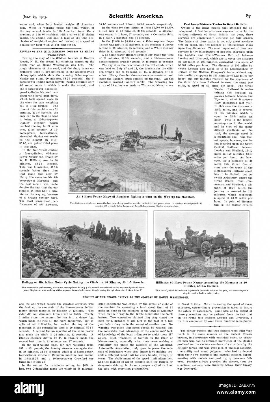 Résultats du concours de l'ESCALADE DE LA COLLINE DU MONT WASHINGTON., Scientific American, 1905-1907-29 Banque D'Images