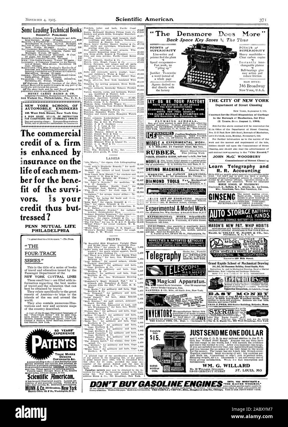 La VILLE DE NEW YORK (5) dernières années. à partir du 1 août 1906. JOHN McG : WOODBURY Commissaire de nettoyage des rues Apprendre la télégraphie et R. R. L'ÉCOLE DE LA TÉLÉGRAPHIE MORSE Comptable MASON'S NEW PAT. Manfd PALANS WHIP. Par VOLNEY W. MASON CO. Inc. 'LES QUATRE VOIES DE LA SÉRIE ' PENN MUTUAL LIFE PHILADELPHIA quelques livres techniques récemment publié HENRY CAREY BAIRD & CO. 810 Noix de Philadelphie Pa. U.S.A. 146 West 36t1 Street New York City UNE ÉCOLE DE HAUTE QUALITÉ D'ENSEIGNEMENT POUR LES CHAUFFEURS ET LES PROPRIÉTAIRES D'AUTOMOBILE Le crédit commercial d'une entreprise. est renforcé par l'assurance-maladie le vor. Est votre tressed ? W.& D Banque D'Images