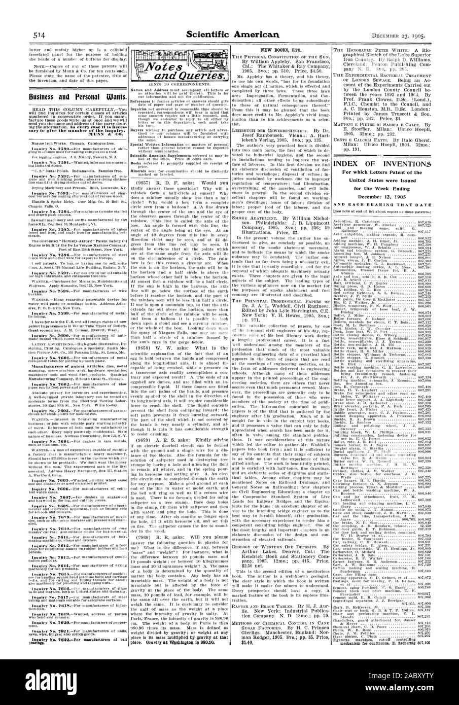 Entreprise et Personnel veut. sary pour donner le numéro de l'enquête. MUNN & CO.. La gravité à Wafillitigt0 18 980,10. INDEX DES INVENTIONS pour lesquelles Lettres patentes de l'United States ont été émises pour la semaine se terminant le 12 décembre 1905 et chaque roulement que DATE Notes, Scientific American, 1905-12-23 Banque D'Images