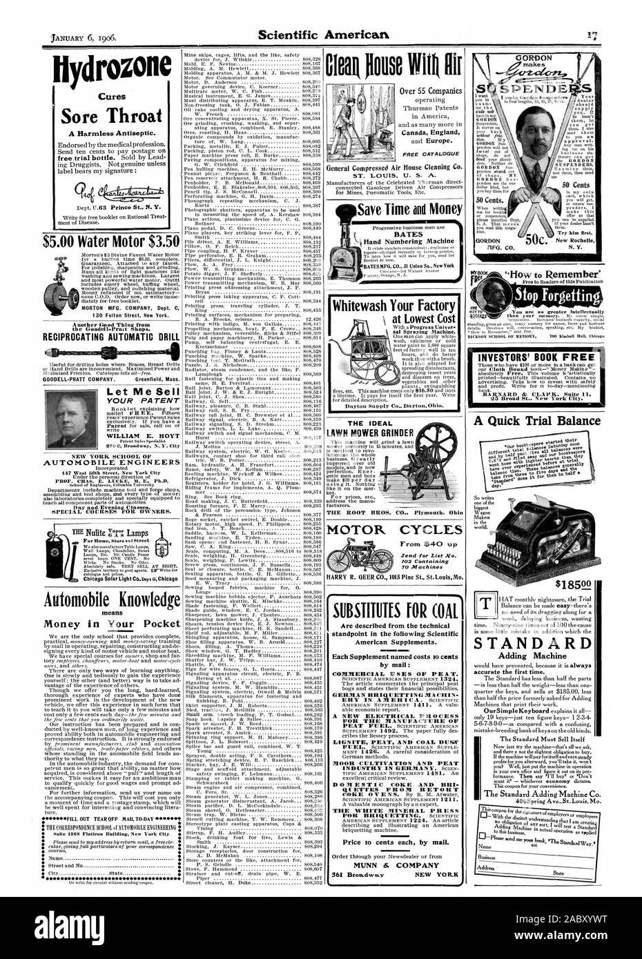 Canada Angleterre CATALOGUE GRATUIT ST. LOUIS U. S. A. BATES Part machine à numéroter votre usine de chaux Pulvérisateur sal. L'offre de Dayton Fr. DaytonOhio L'IDÉAL LA RACINE BROS. La Plymouth Ohi MOTOR CYCLES GORDON flF(1. CO. UN rapide à la Balance de précision de la machine standard d'ajouter la première fois. 406 Spring St St.Louis Mo. NEW YORK SCHOOL OF INGÉNIEURS llydrozone guérit une antiseptique inoffensifs. 5,00 $ 3,50 $ moteur eau MORTON MFG. Département de l'entreprise C 130 Fulton Street New York. Perceuse AUTOMATIQUE À PISTON GOODELL-PRATT COMPANY. Messe Greenfield Connaissances Automobile signifie l'argent dans votre poche Banque D'Images