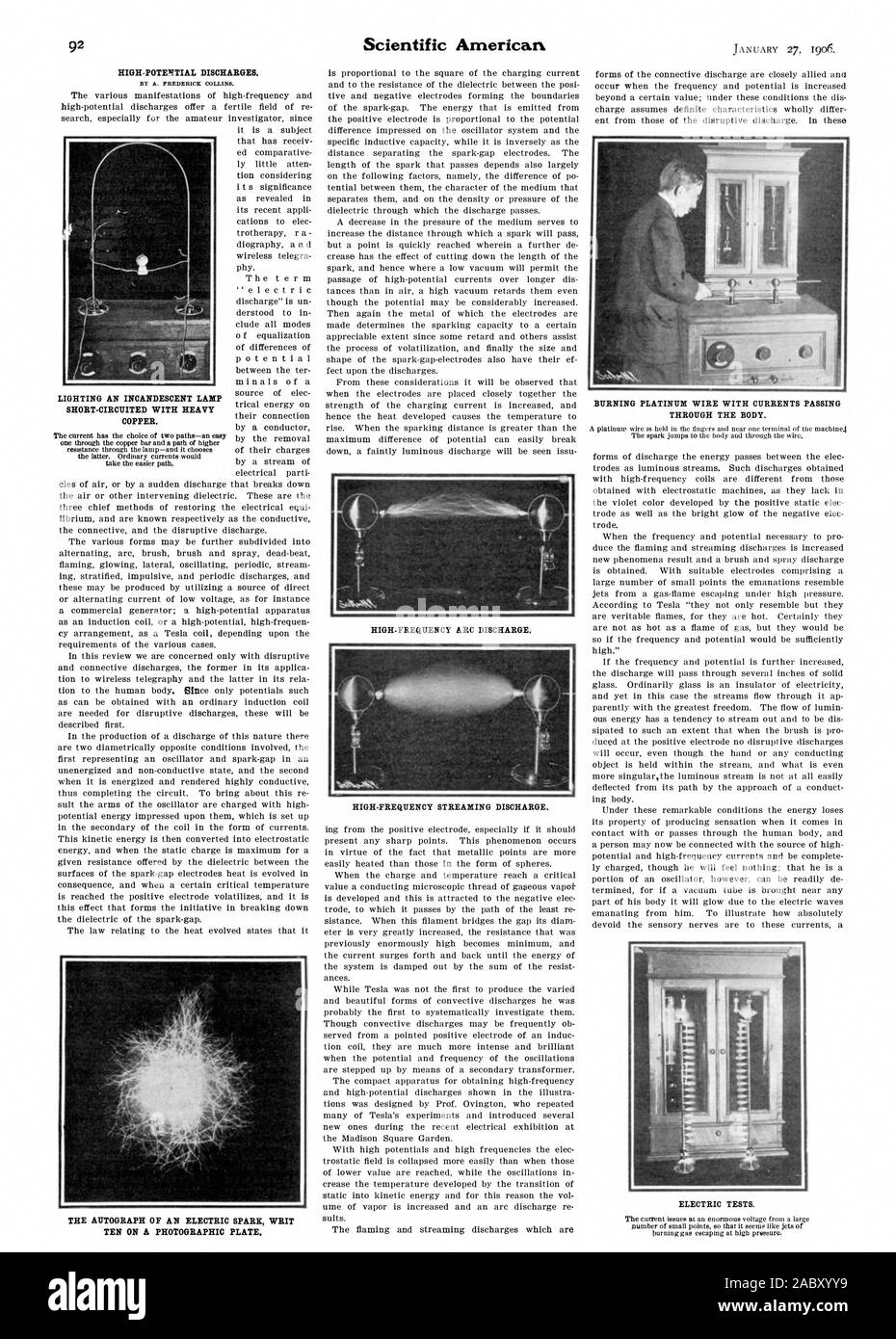 Haut-POTVITIAL LES REJETS. Par FREDERICK A. COLLINS. Le manuscrit d'une étincelle électrique BREF Dix sur une plaque photographique d'arc à haute fréquence. Décharge en continu à haute fréquence. BURNING FIL DE PLATINE DONT LE COURANT PASSANT PAR LE CORPS. Essais électriques. Une lampe à incandescence ÉCLAIRAGE EN COURT-CIRCUIT AVEC LE CUIVRE LOURD., Scientific American, 1906-01-27 Banque D'Images