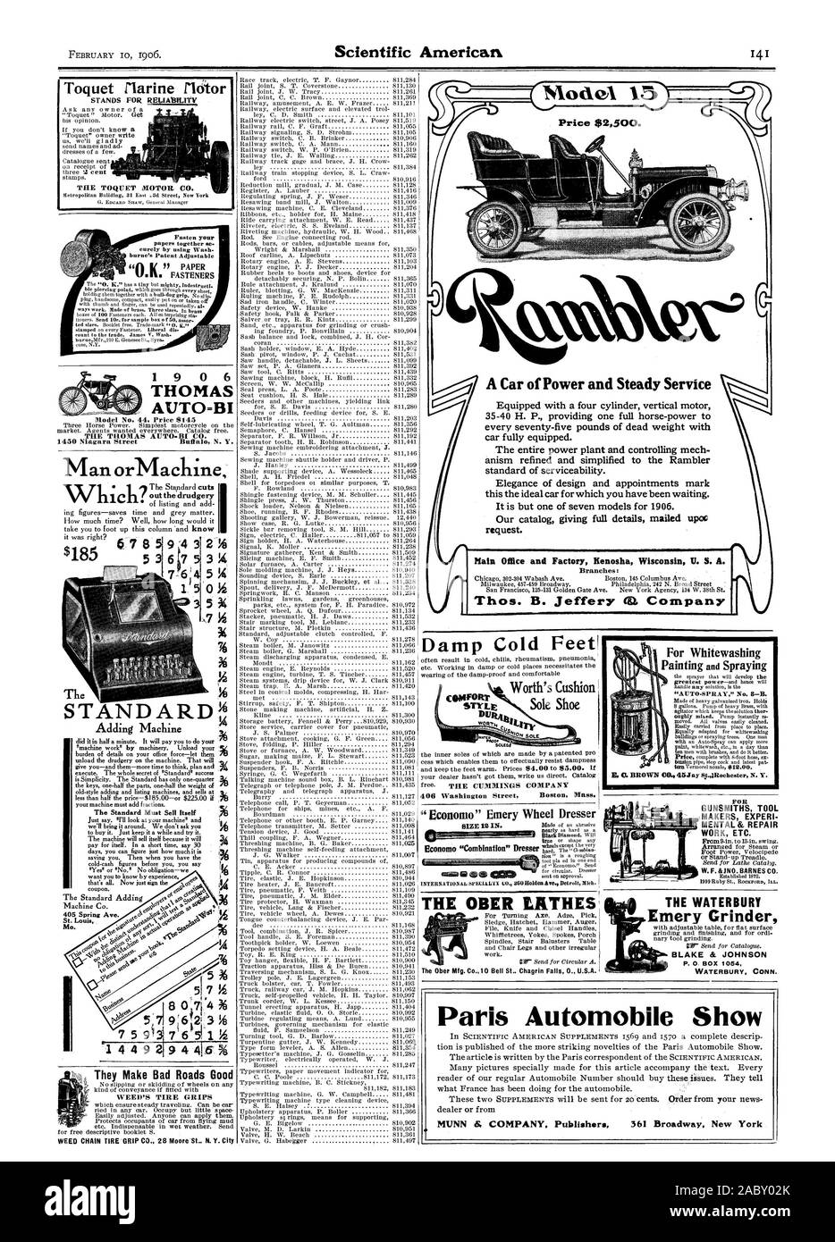 Modèle 15 : $2500. Une voiture de pouvoir et service continu équipé d'un moteur quatre cylindres 35-40 H. P. verticale fournissant une puissance à tous les soixante-cinq livres de poids mort avec location entièrement équipée. L'ensemble de l'usine d'alimentation et de contrôle mécanisme mécanique et raffiné à la norme simplifiée Rambler de maintenance optimale. L'élégance du design et des rendez-vous marquer ce la voiture idéale pour lesquels vous avez été en attente. Mais c'est l'un des sept modèles pour 1906. demande. Bureau principal et l'usine de Kenosha Wisconsin U. S. A. Thos. B. Jeffery et Entreprise Model no 44 : 6145 LE TH.031AUTO-BI CO Banque D'Images